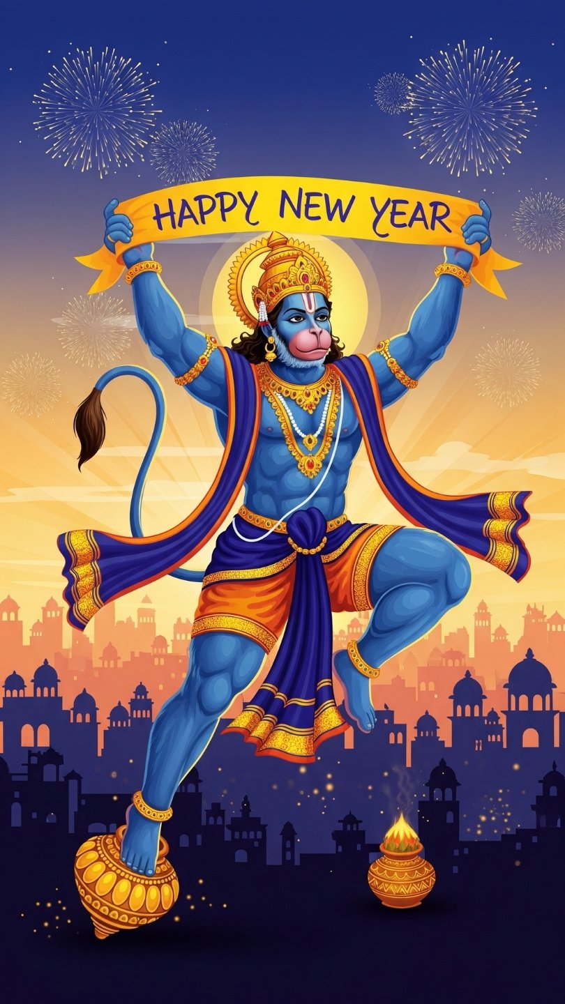 Happy New Year Hanuman Celebration Art