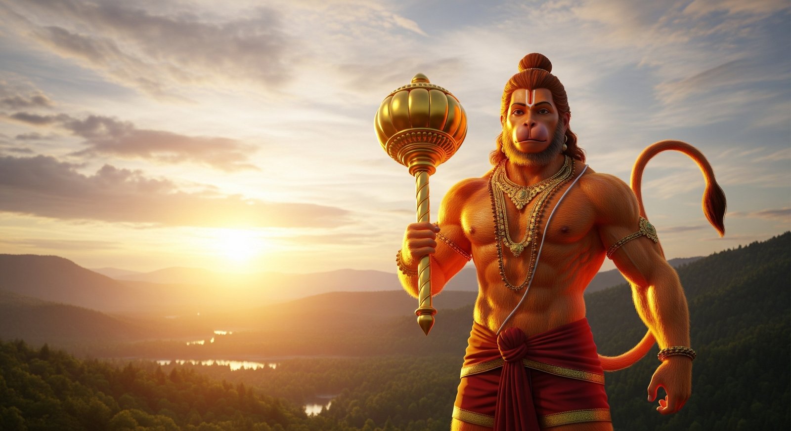 Lord Hanuman at Sunrise with Golden Gada