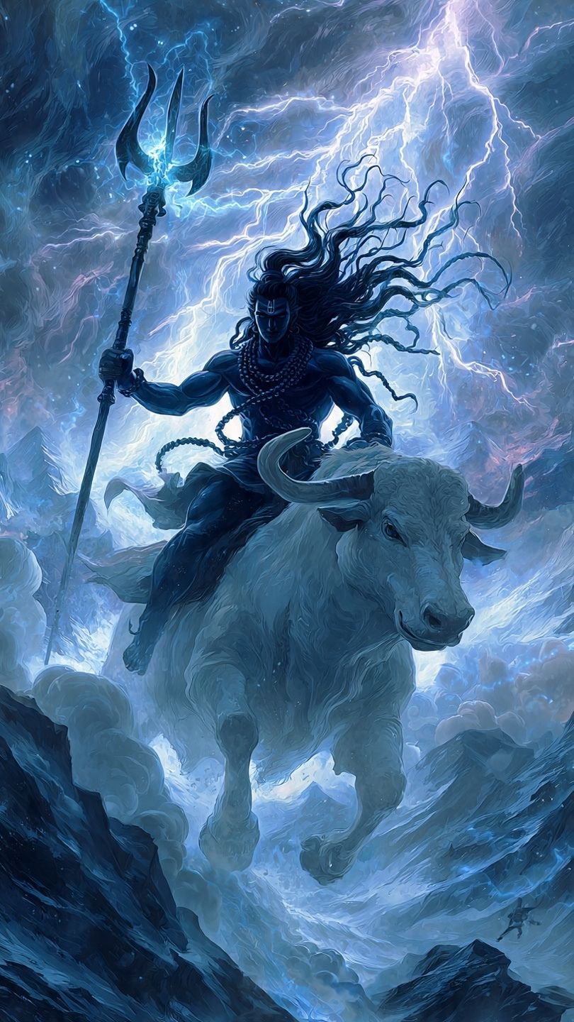Lord Shiva Riding Nandi in Thunderstorm – Divine Power Wallpaper
