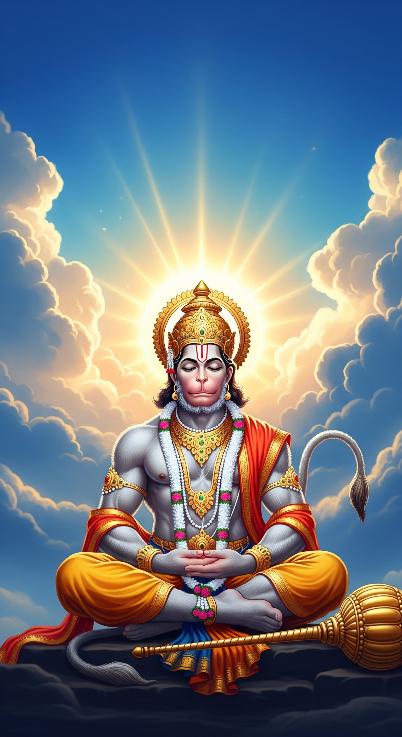 Divine Hanuman Meditation Wallpaper in Heavenly Sky