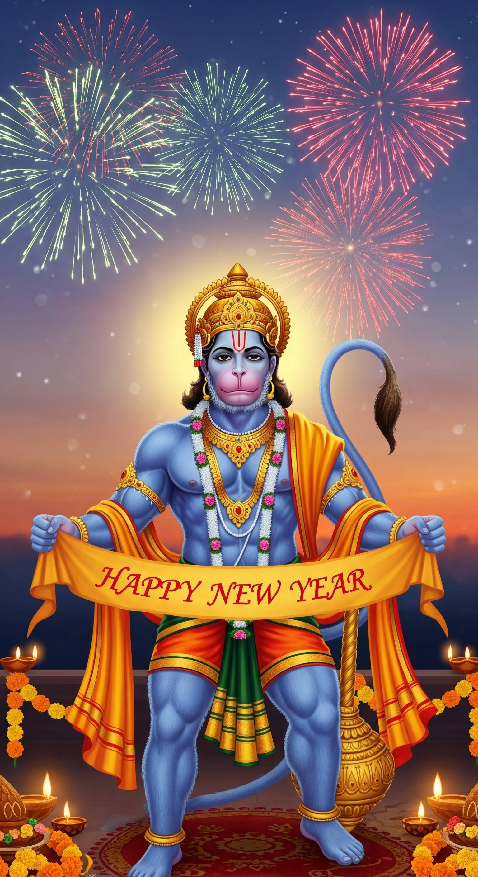 Happy New Year Hanuman Wallpaper with Fireworks & Blessings