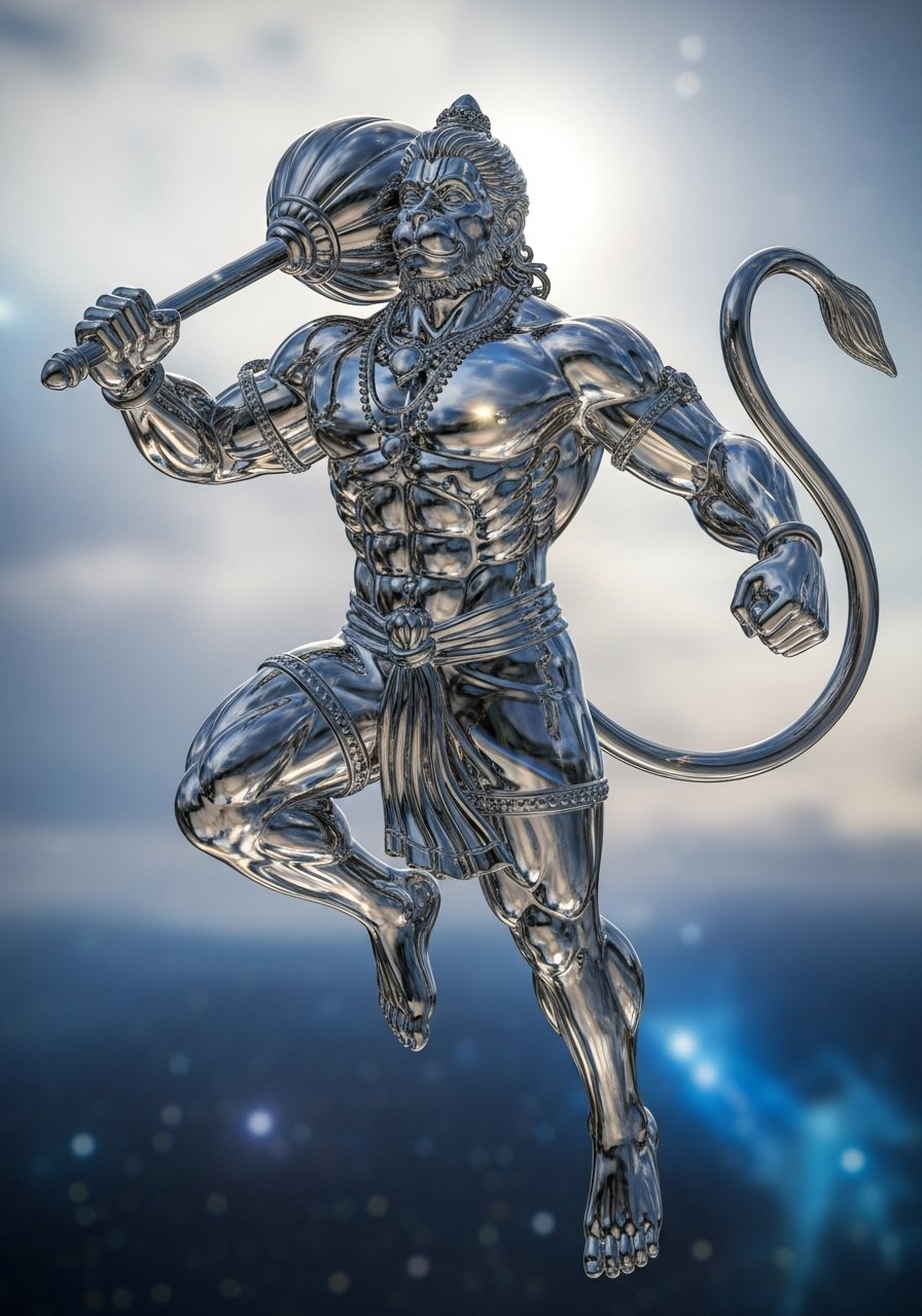 Chrome Hanuman Statue Wallpaper in 4K – Divine Power Art