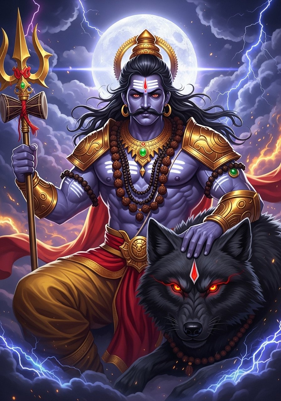 Divine Warrior God with Trident and Wolf – Dark Fantasy Wallpaper