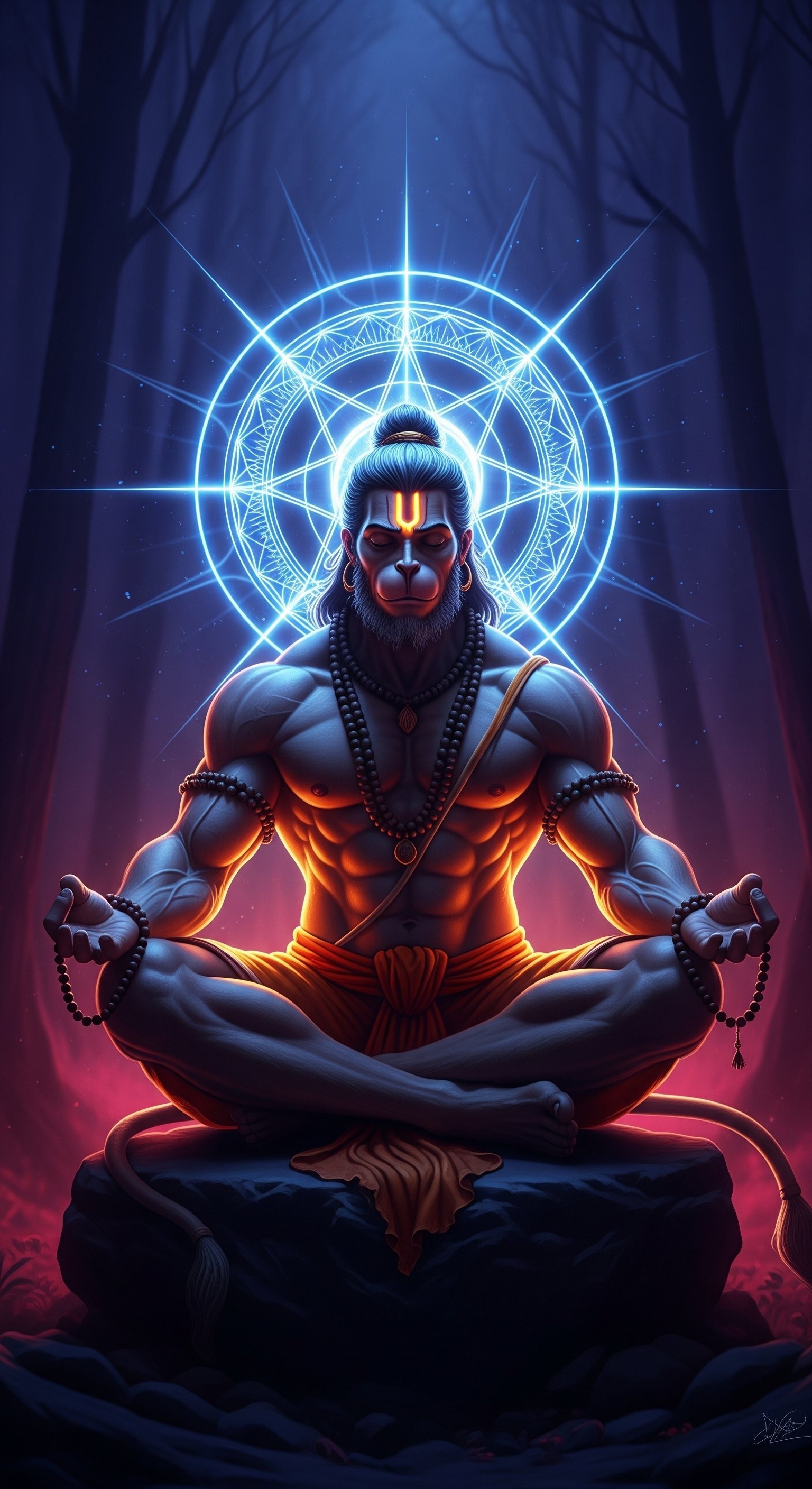 Meditating Hanuman Ji with Divine Energy Aura