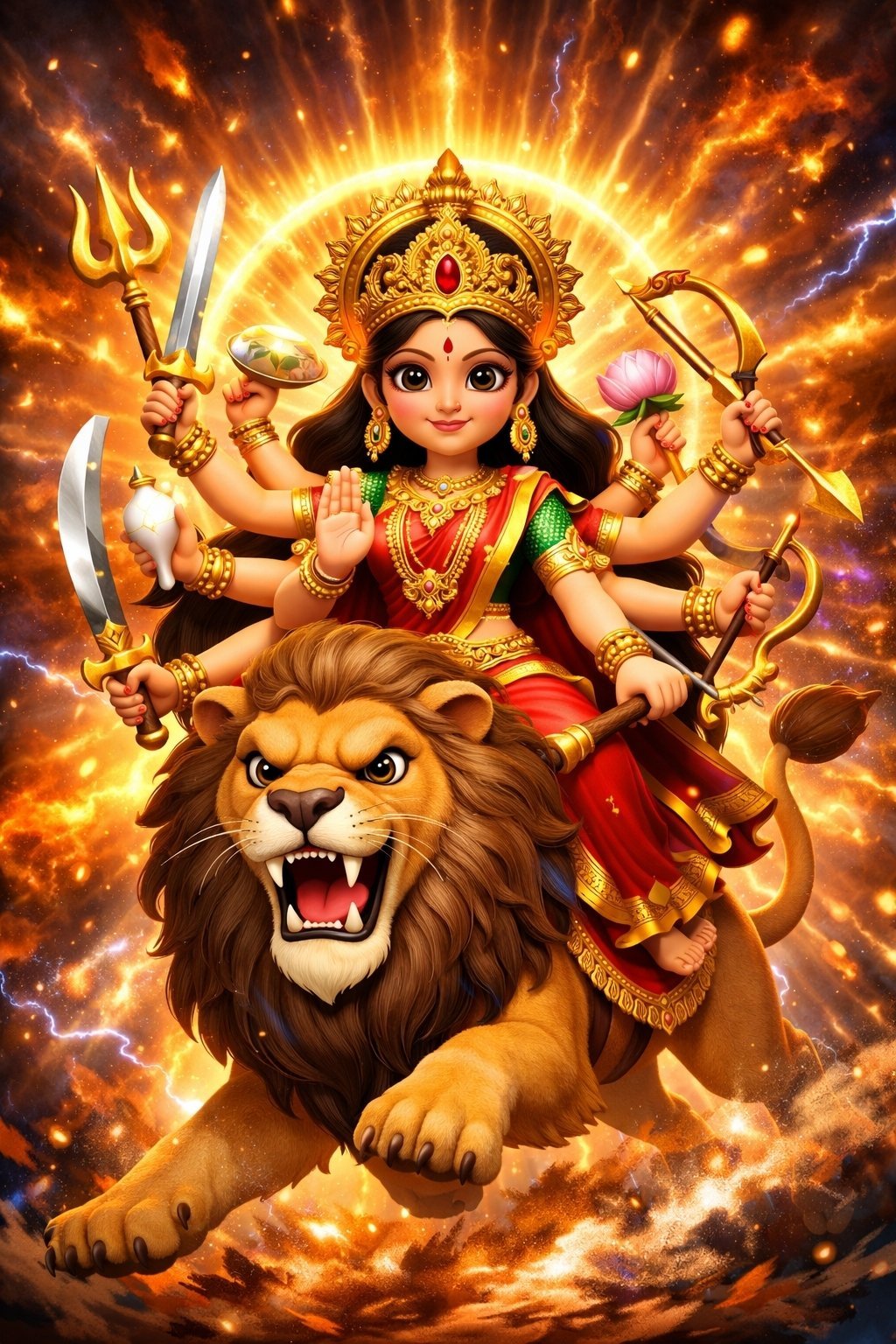 Goddess Durga Riding Lion in Divine Warrior Form