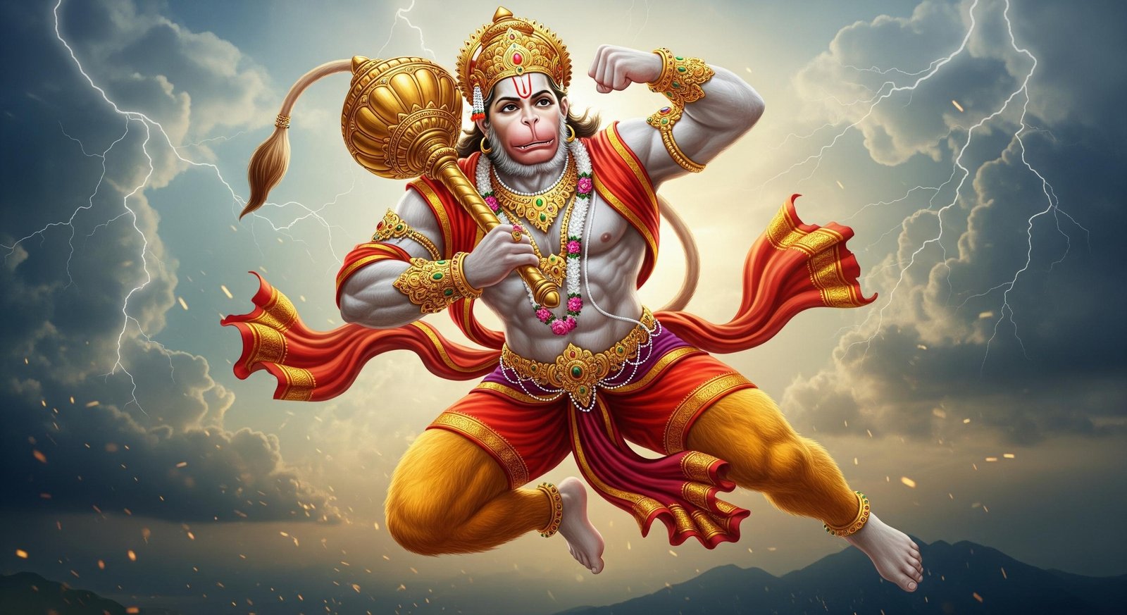 Powerful Lord Hanuman Flying with Gada and Divine Strength