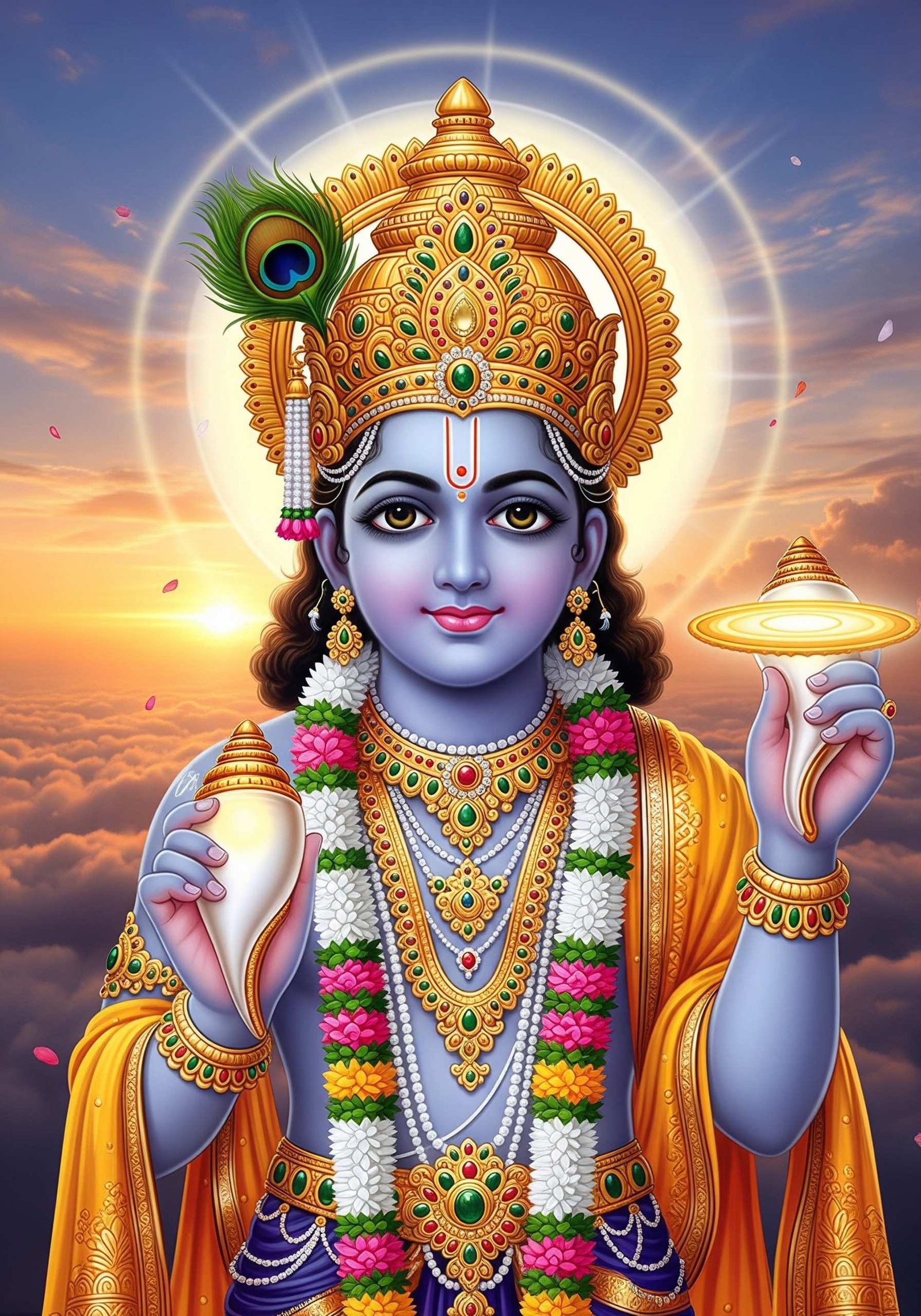 Divine Lord Vishnu Holding Shankh and Sudarshan Chakra