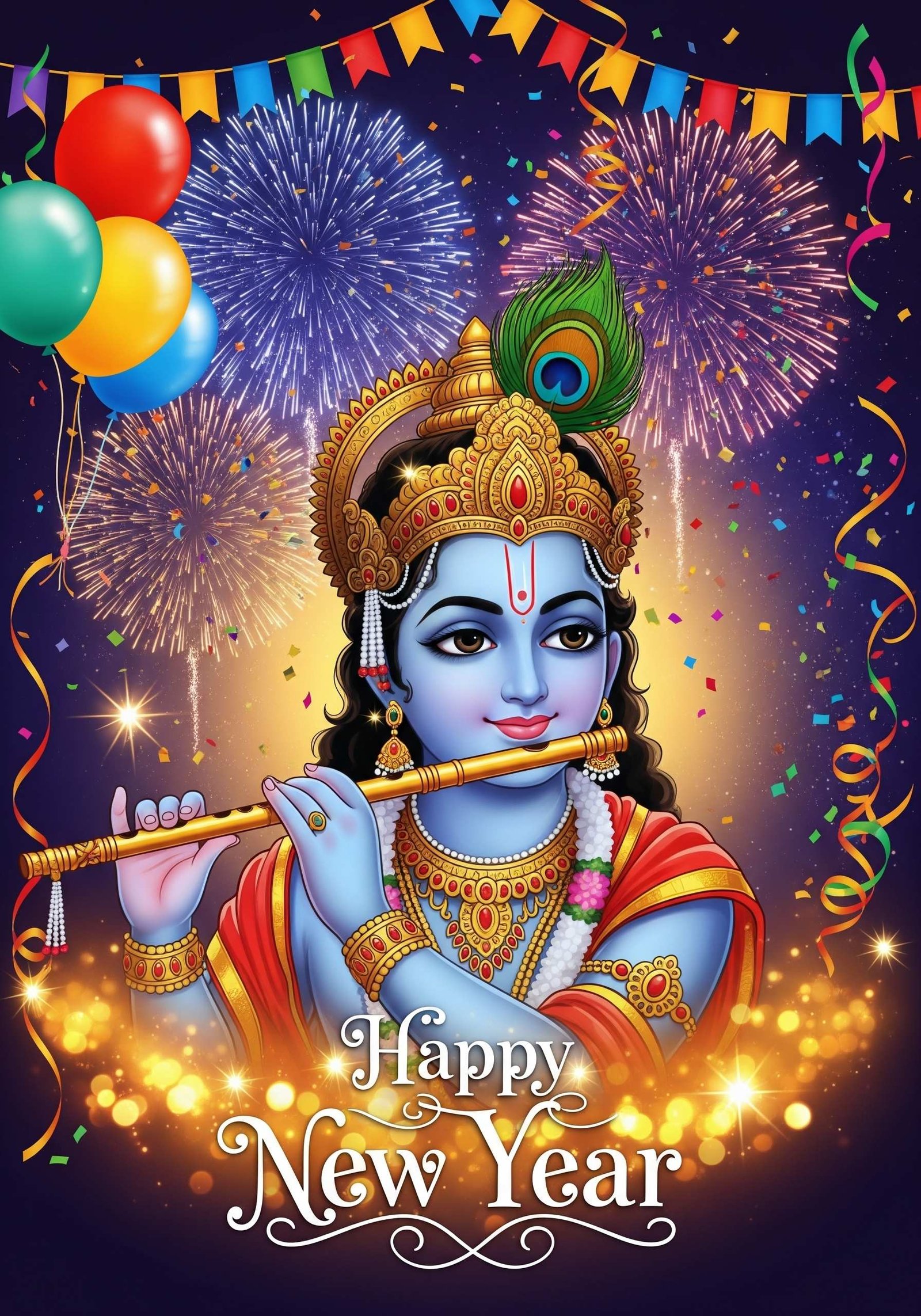 Happy New Year Lord Krishna Flute Blessings Wallpaper