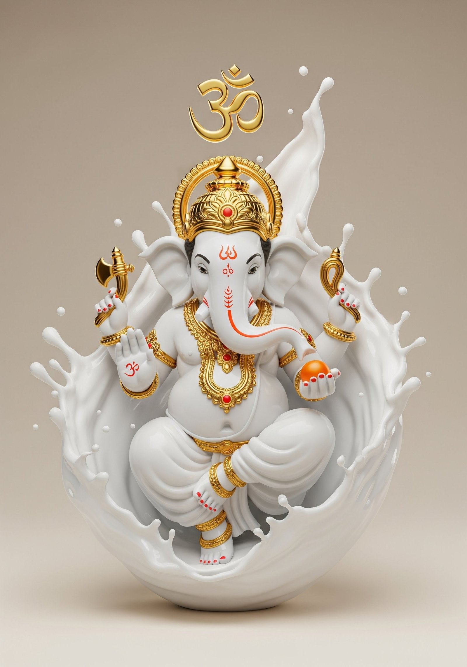 White Marble Lord Ganesha with Golden Crown