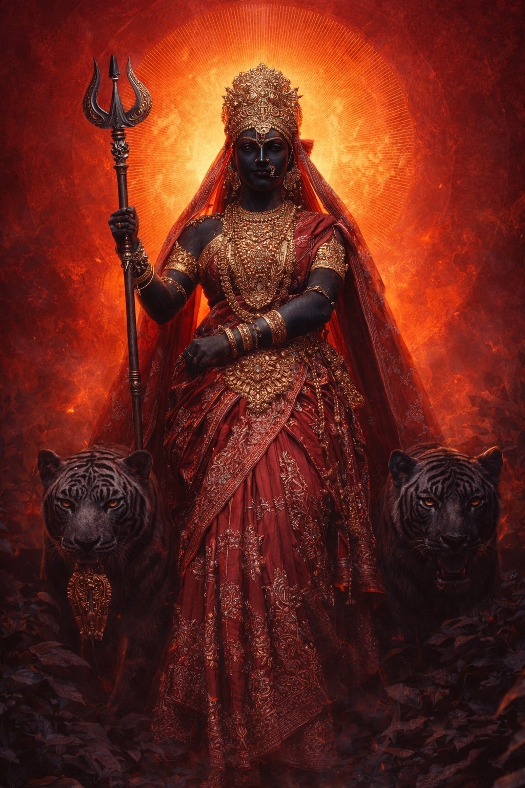 Fierce Maa Durga with Trishul and Tigers Wallpaper
