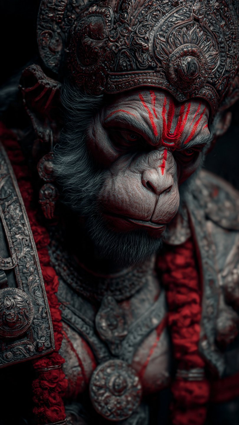 Fierce Lord Hanuman Close-Up Wallpaper – Power, Bhakti & Valor