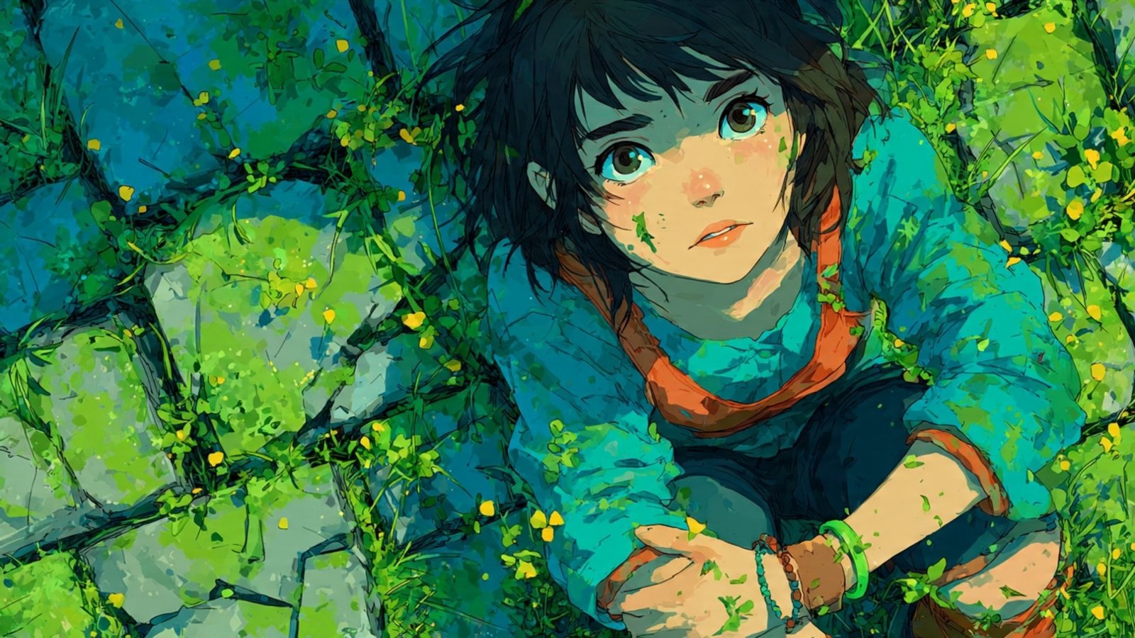 Dreamy Anime Girl in Lush Green Forest