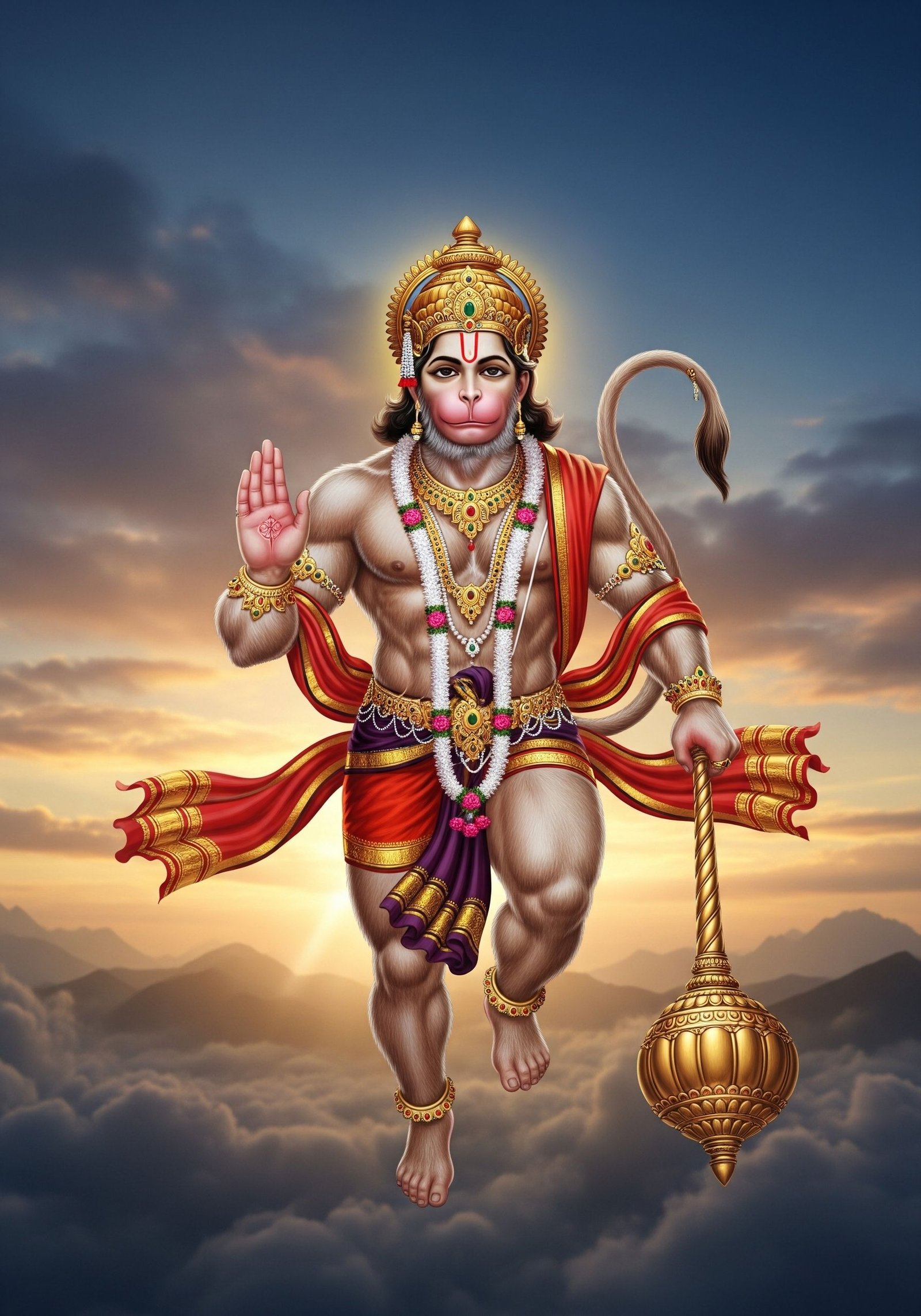 Divine Hanuman Flying in the Sky – HD Wallpaper
