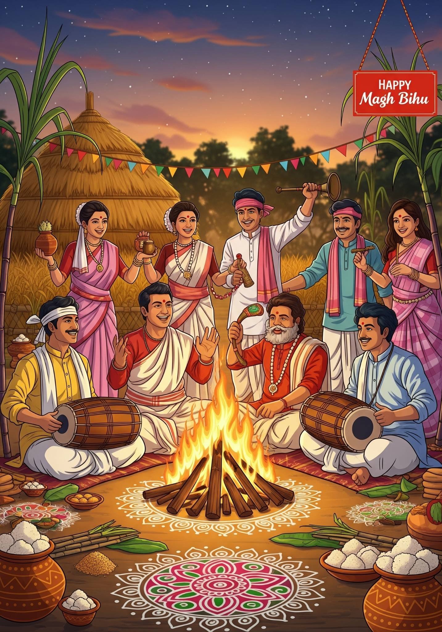 Happy Magh Bihu Bonfire Celebration Poster