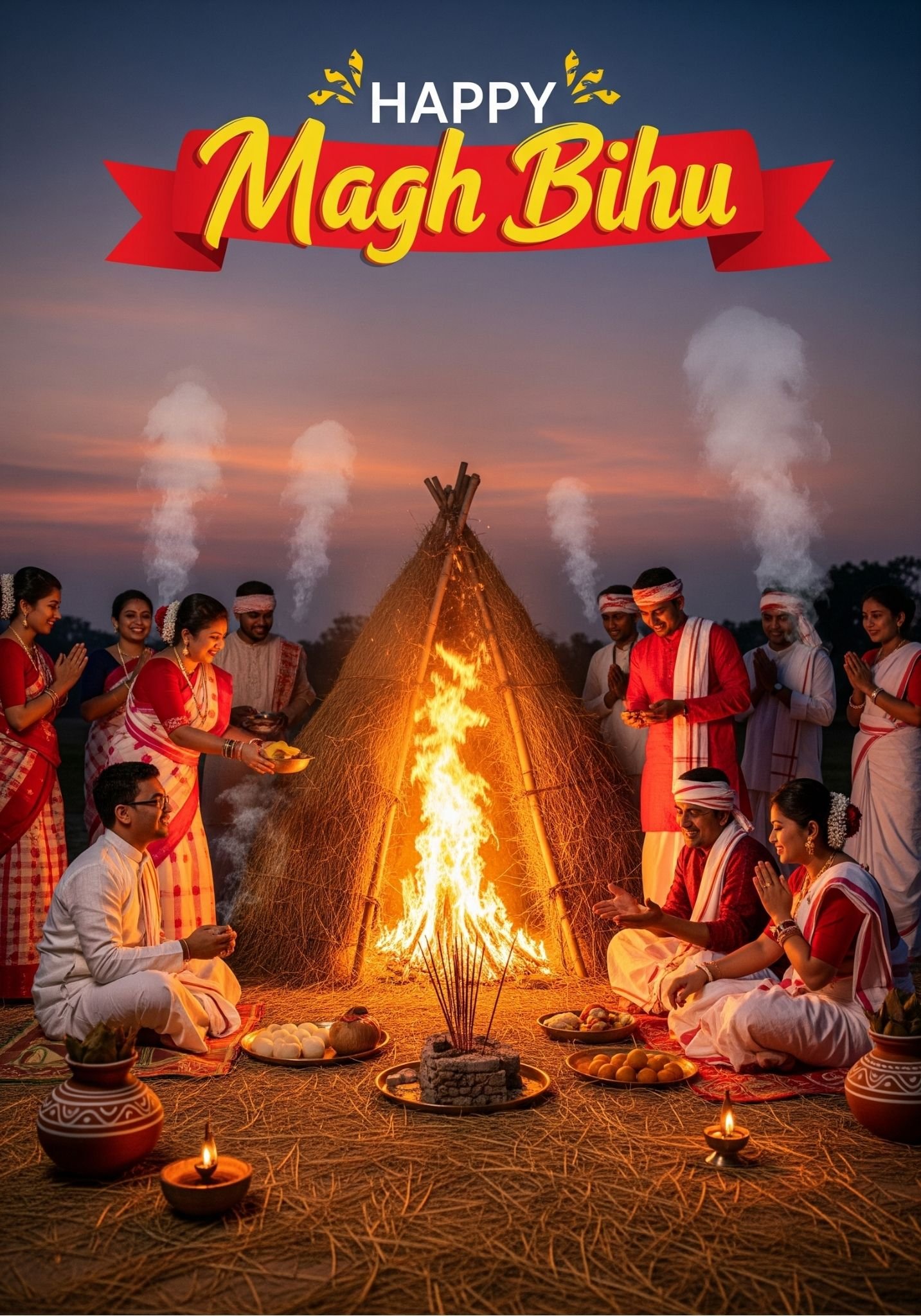 Happy Magh Bihu Meji Bonfire Celebration Poster