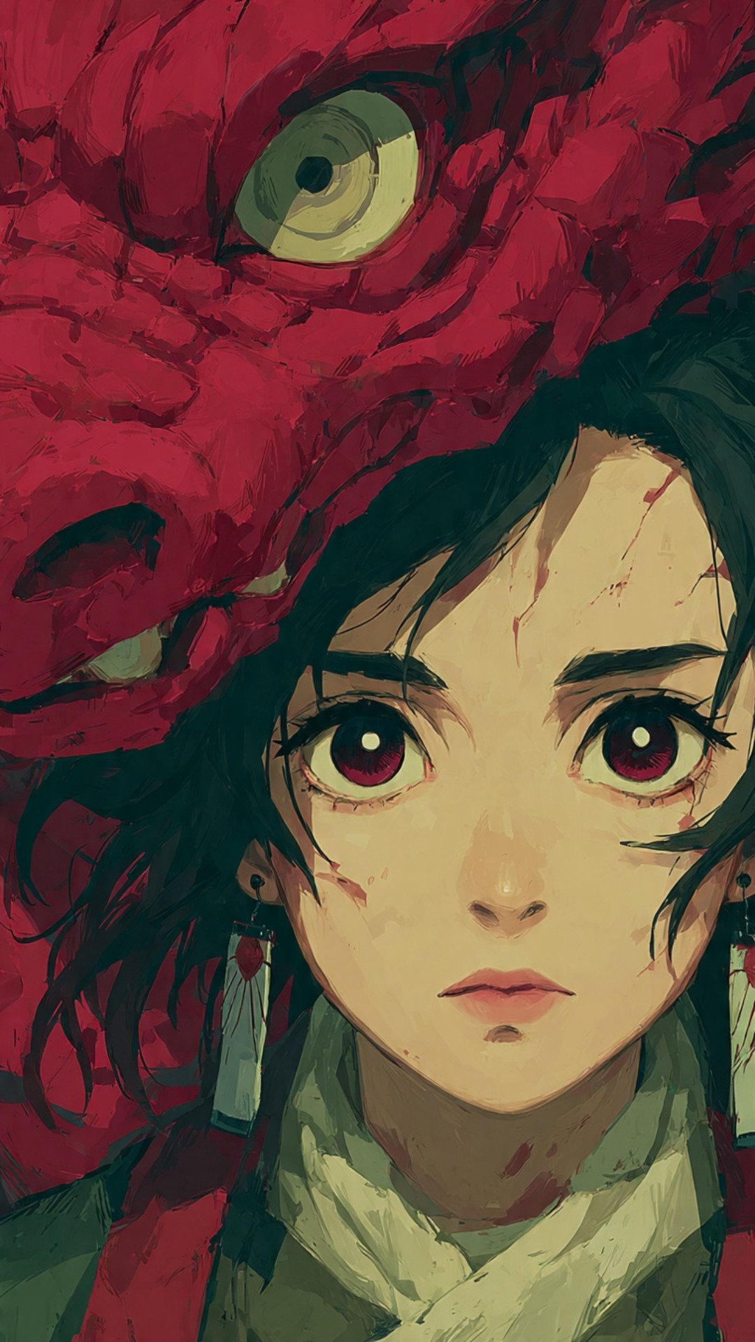 Dark Fantasy Anime Girl Portrait with Red Beast