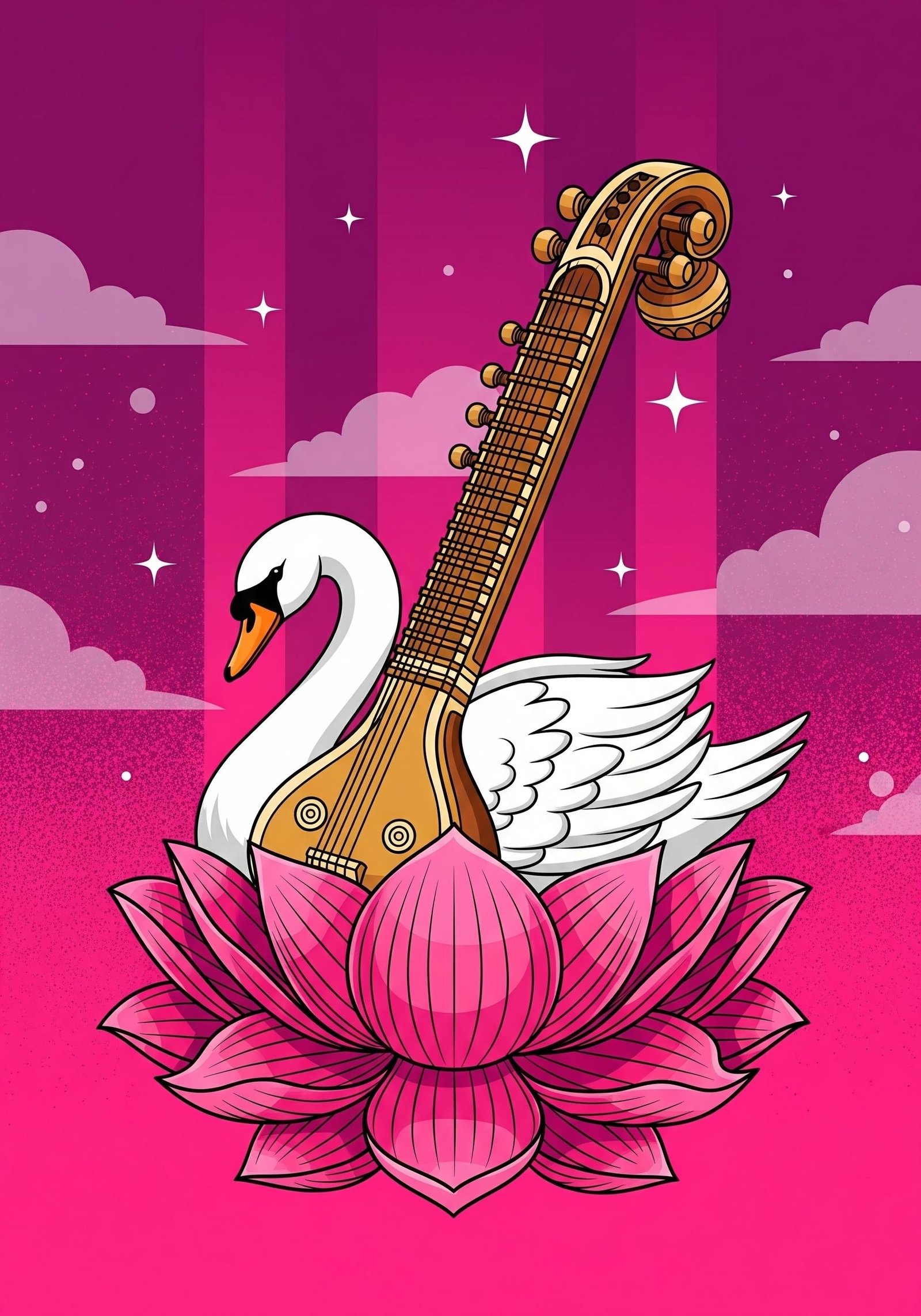 Goddess Saraswati Symbol Art with Veena and Swan