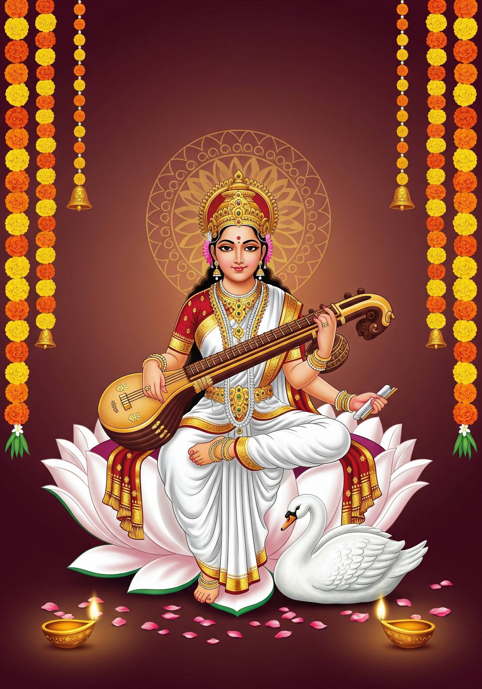 Maa Saraswati Playing Veena Divine Wallpaper