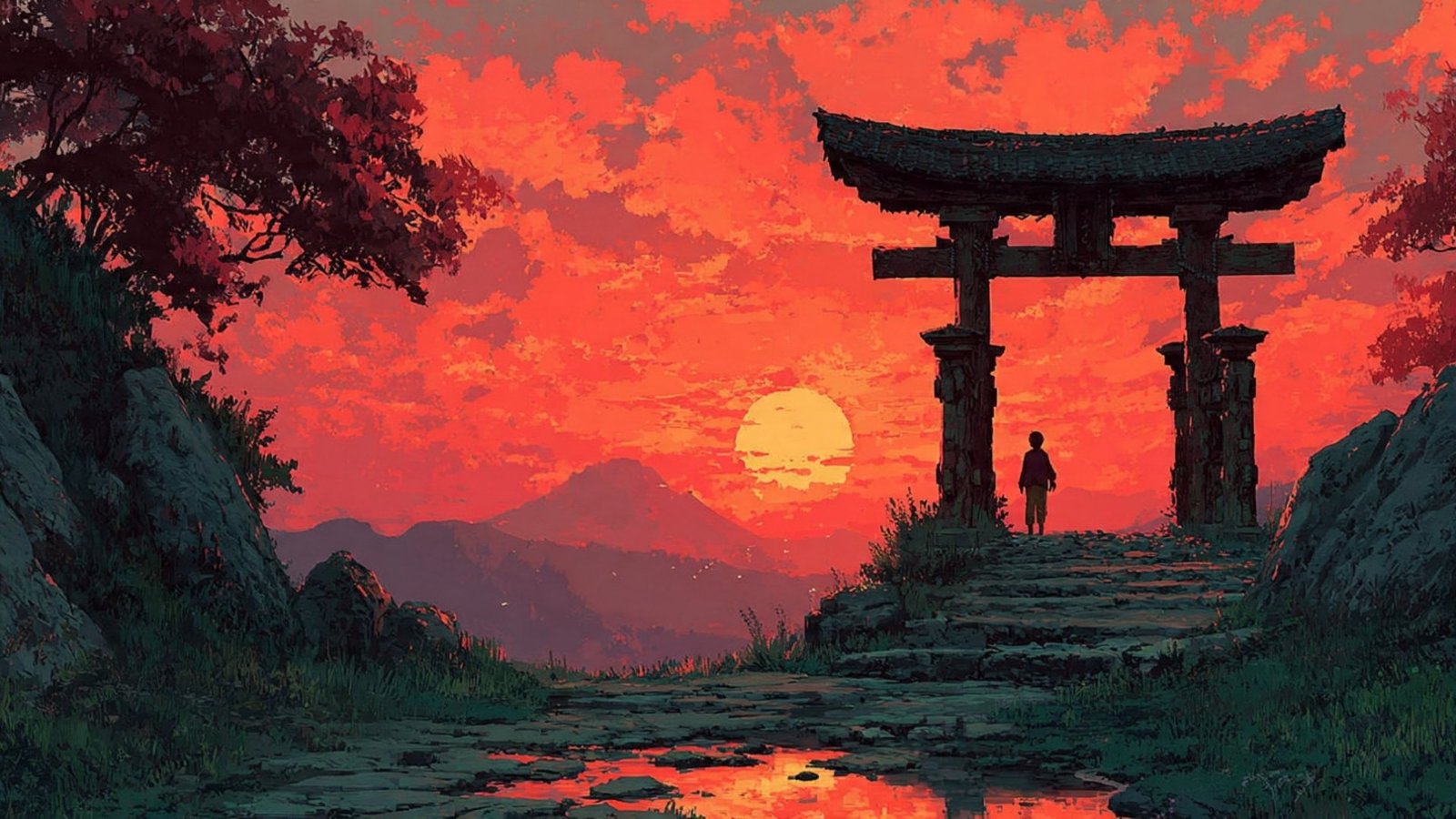 Lonely Traveler at Ancient Gate During Fiery Sunset