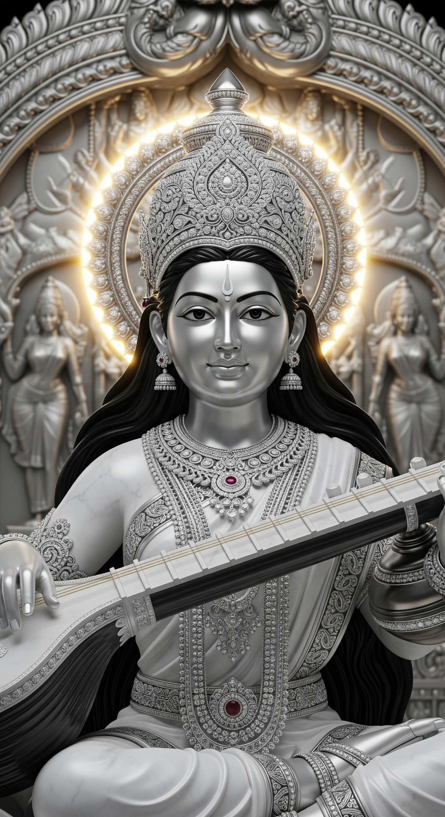 Divine Goddess Saraswati Playing Veena in Sacred Silver Form