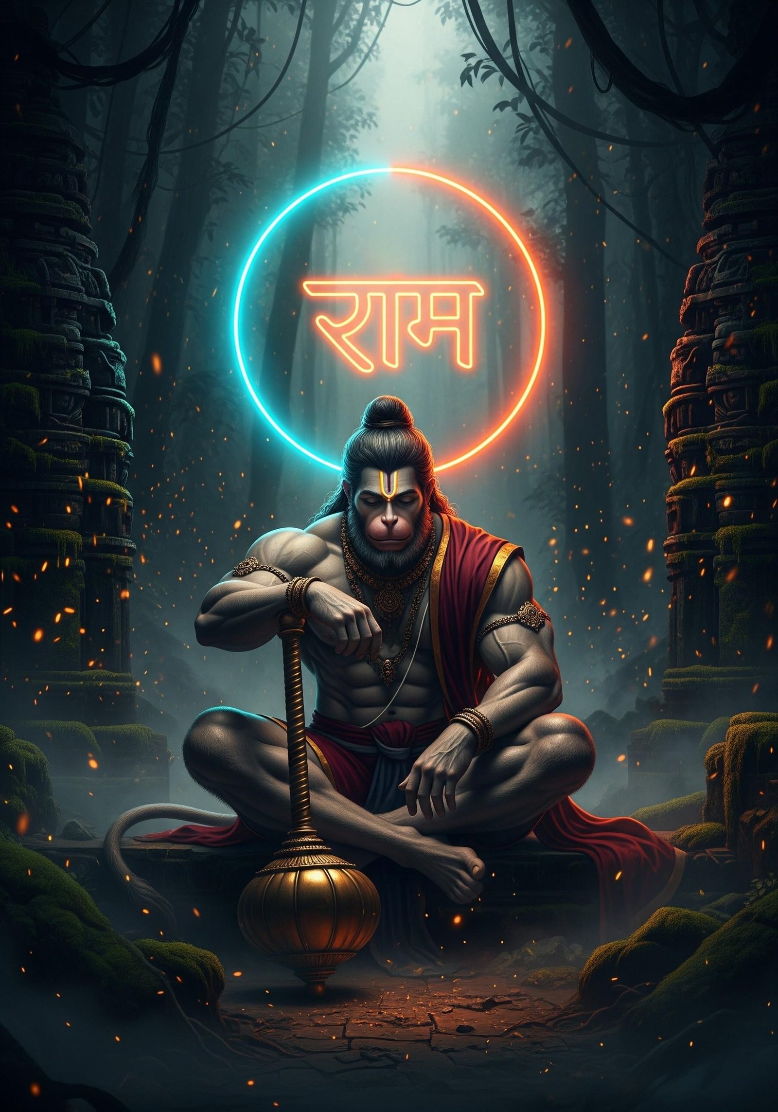 Meditating Hanuman with Ram Naam in Sacred Forest