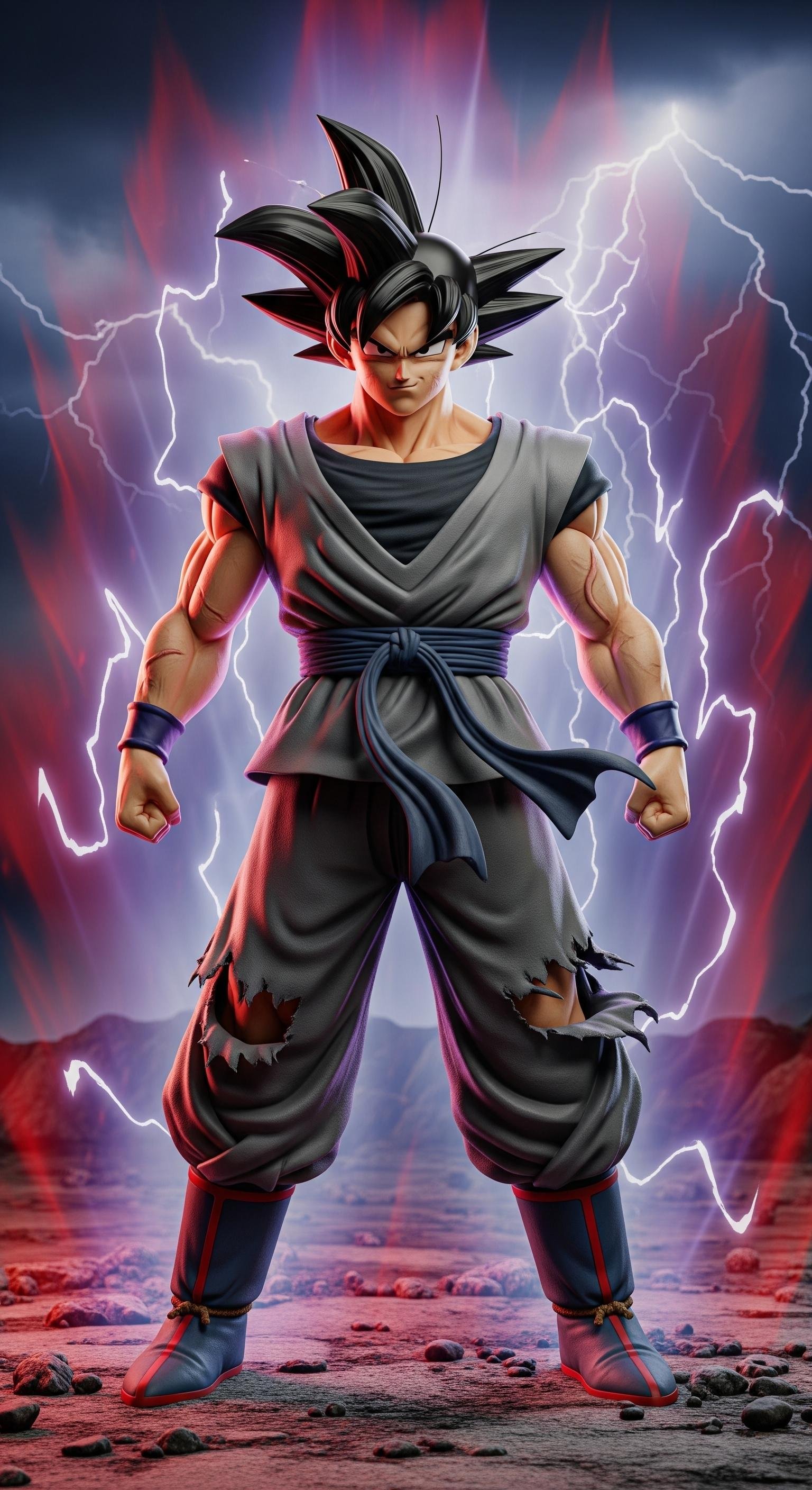 Dark Anime Saiyan Warrior with Black Aura and Lightning Power