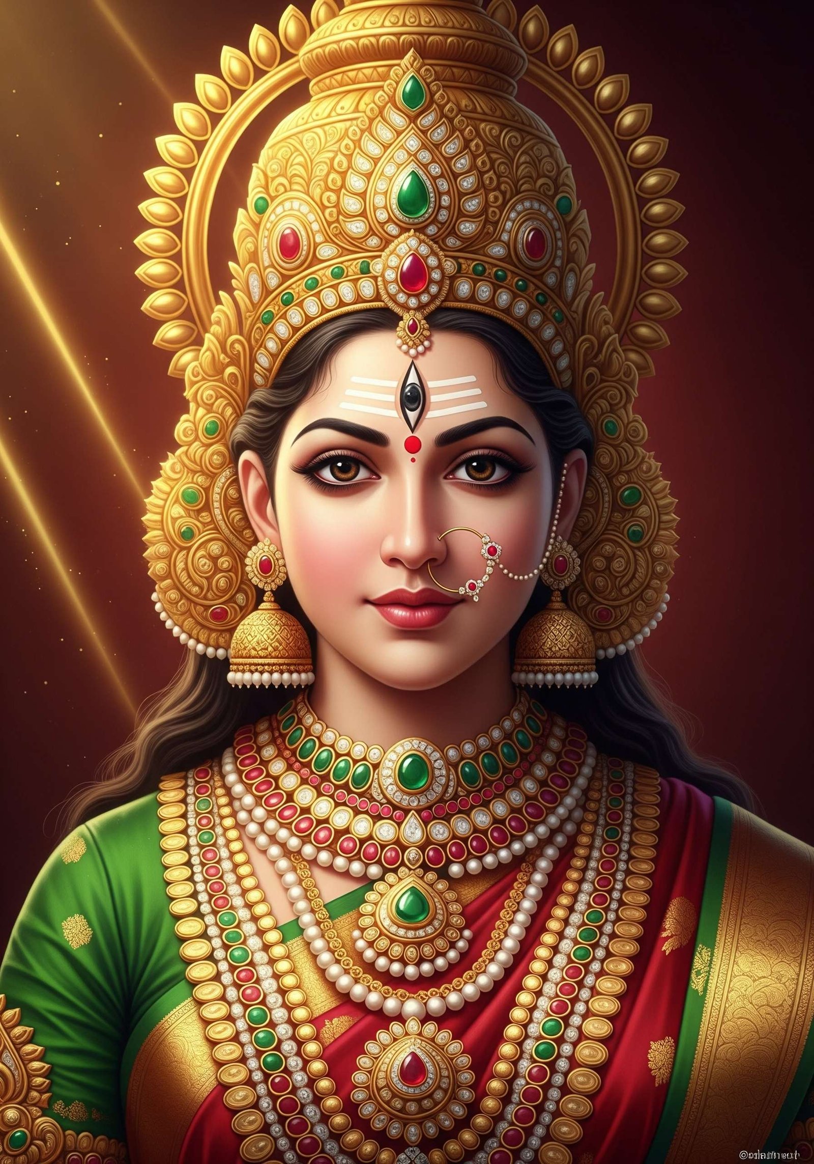 Divine Goddess Lakshmi Portrait with Golden Crown and Sacred Aura