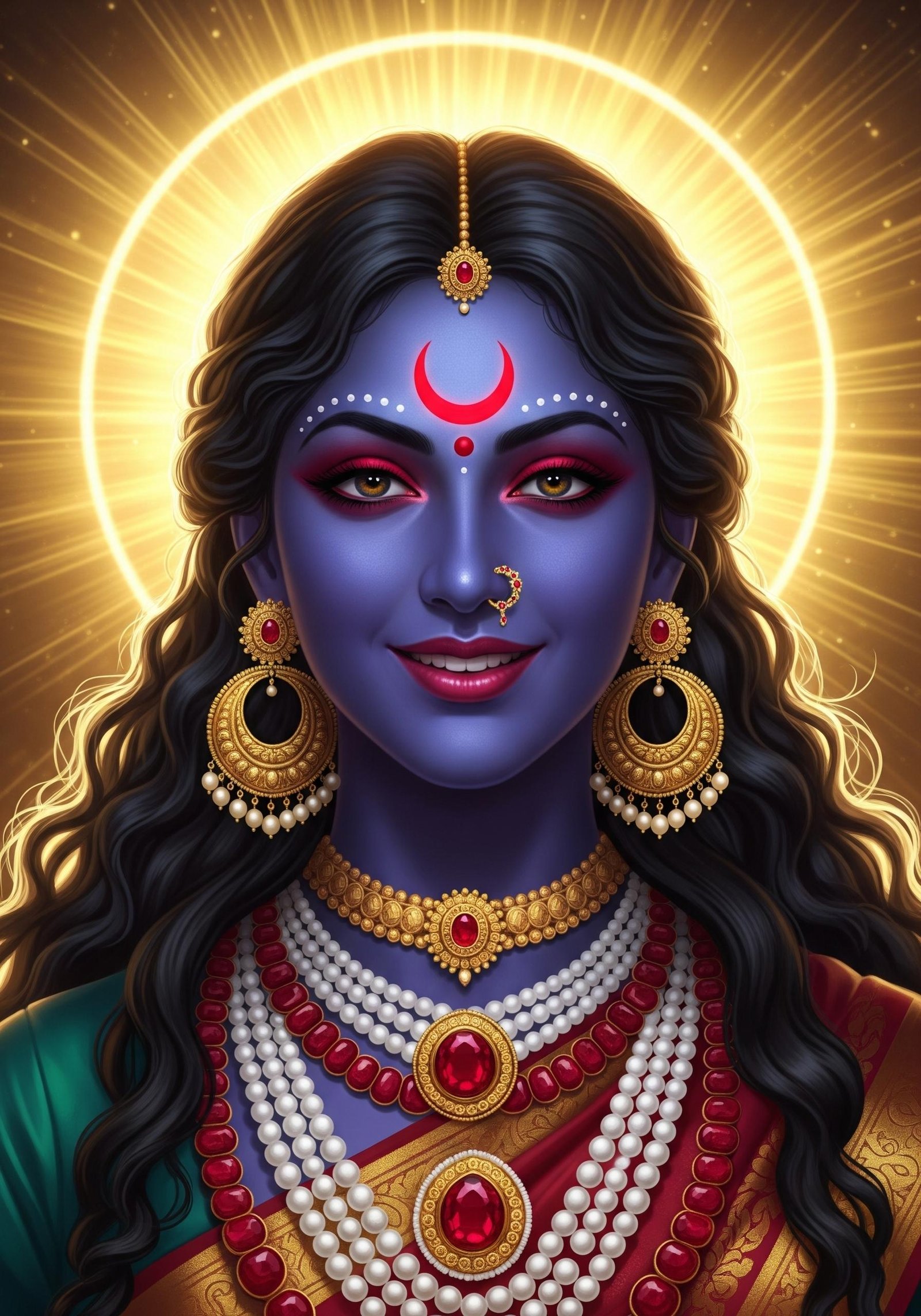 Divine Goddess Kali Portrait with Radiant Golden Halo