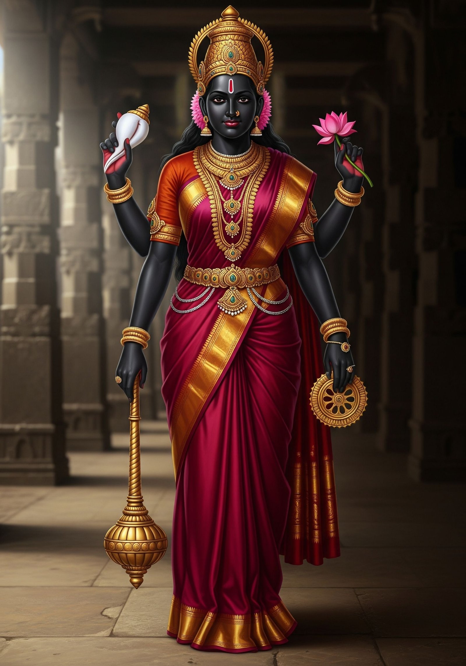 Divine Goddess Lakshmi Holding Lotus and Shankha in Temple