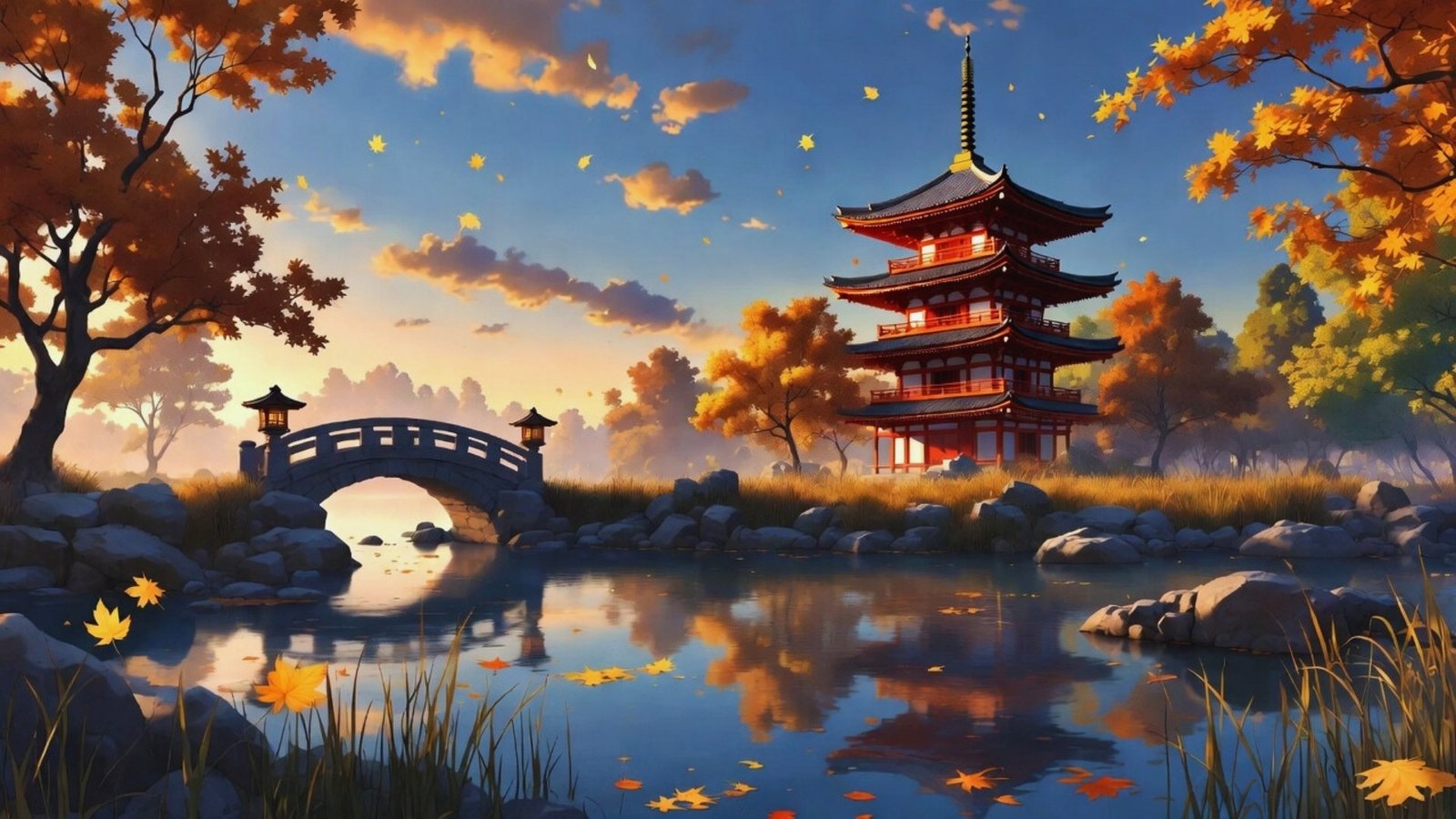 Autumn Temple by the River – Peaceful Japanese Landscape Art