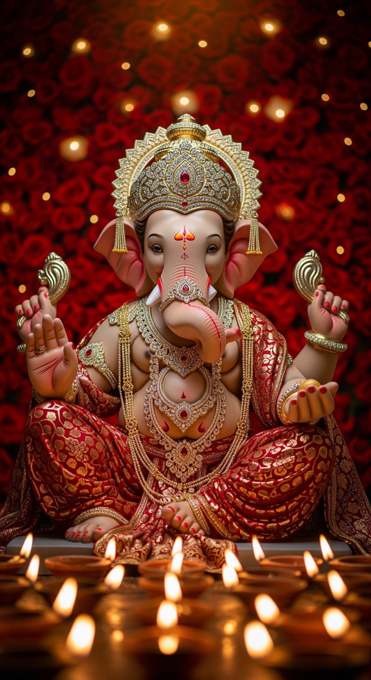Lord Ganesha with Diyas – Divine Red & Gold Devotional Art