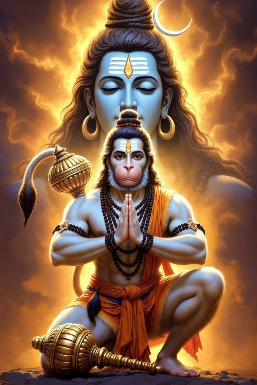 Lord Hanuman in Devotion with Lord Shiva Aura