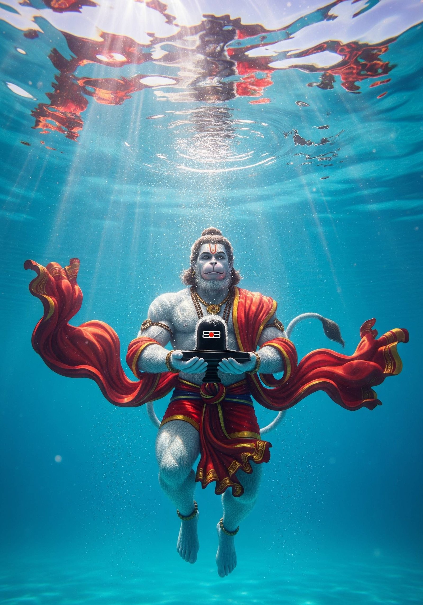 Divine Hanuman Holding Shivling Underwater