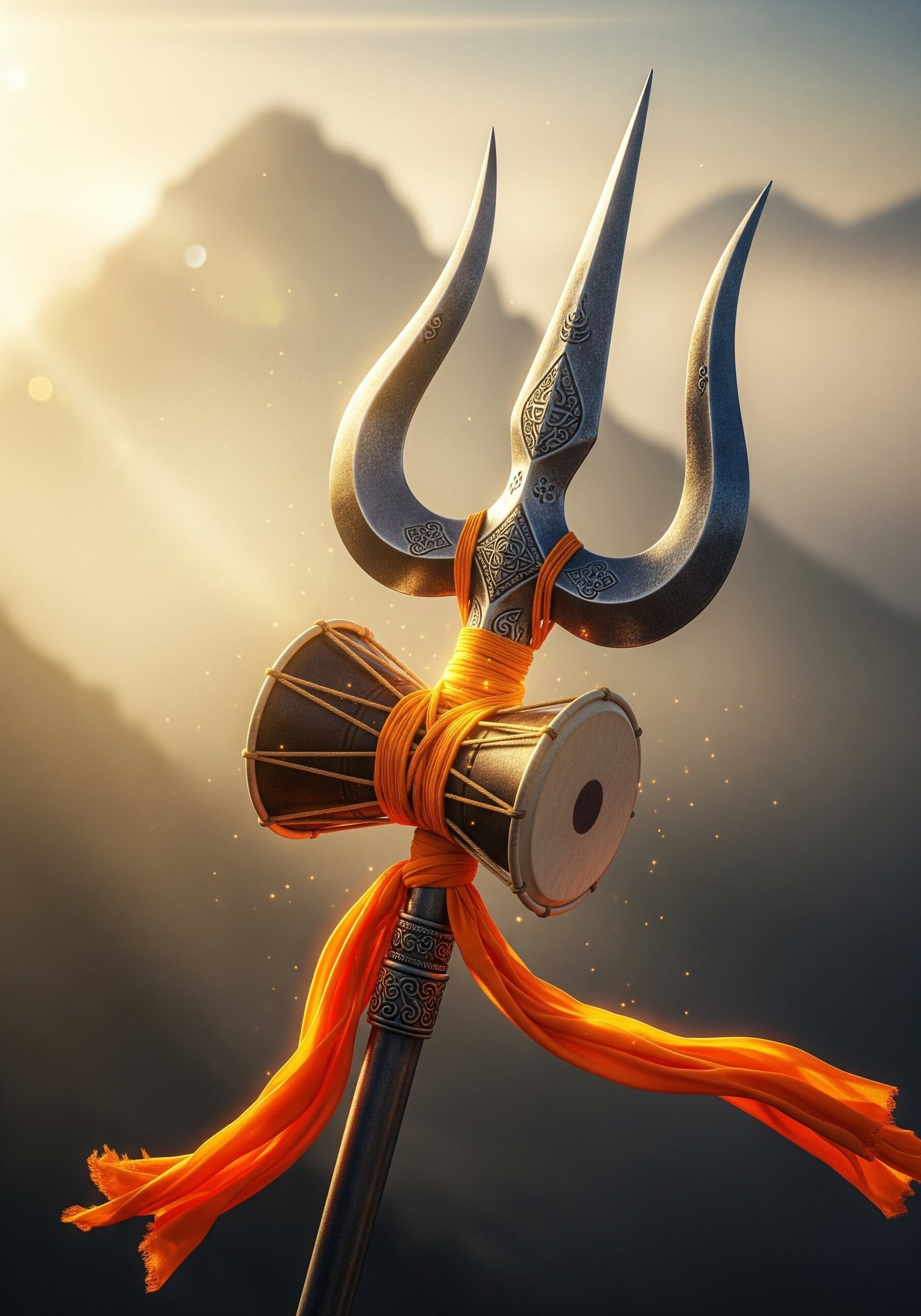 Divine Trishul and Damru of Lord Shiva at Sunrise
