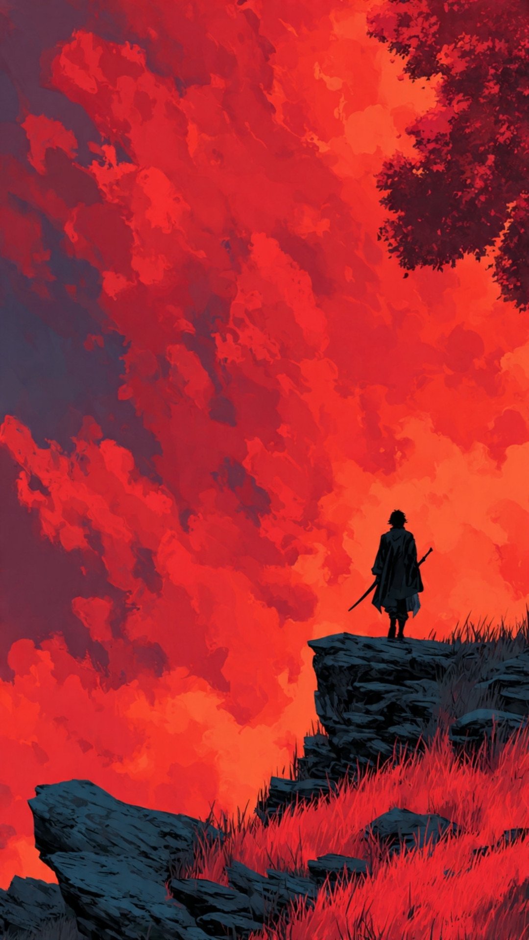Lone Warrior Silhouette Against Fiery Red Sky Art