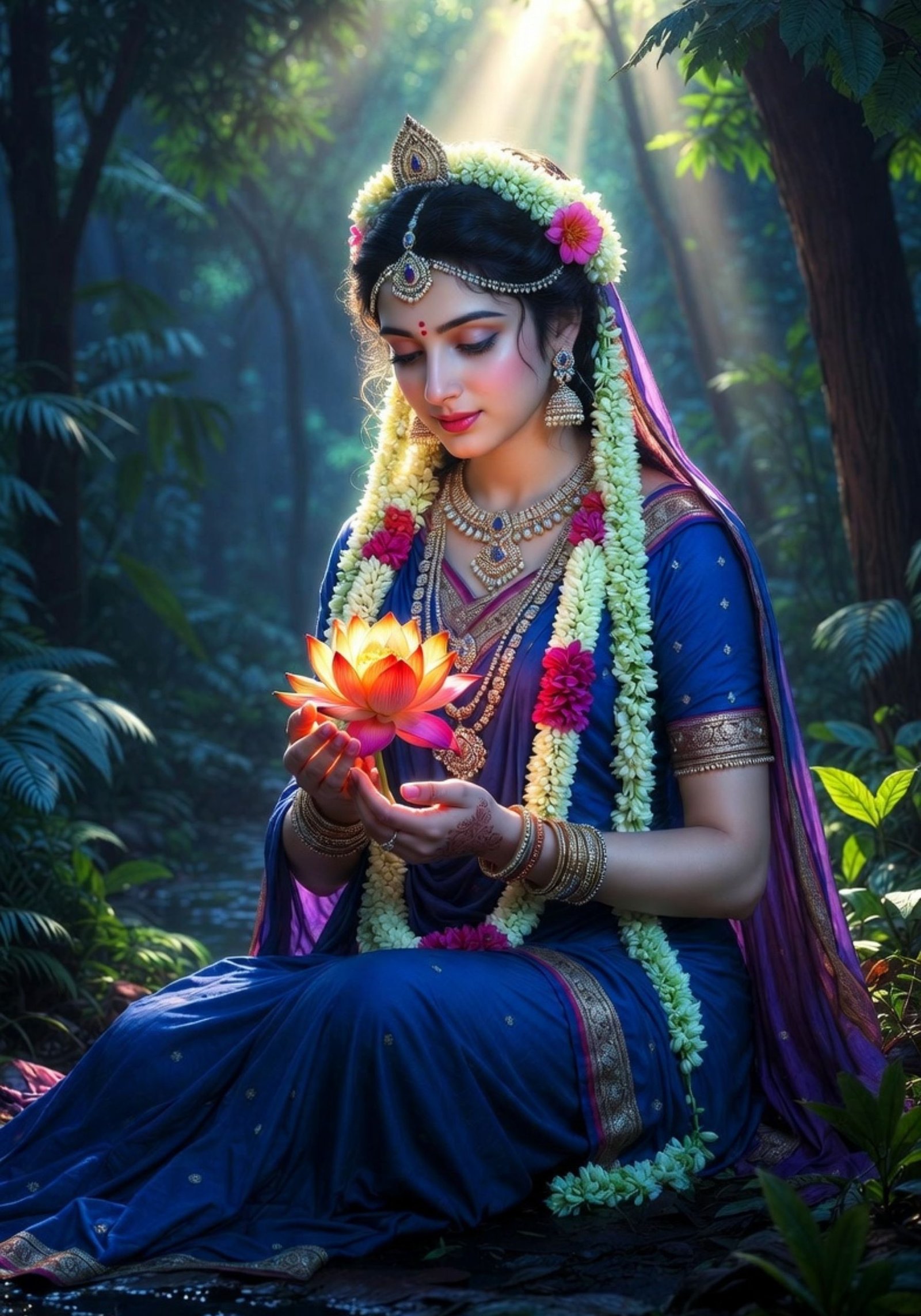 Divine Goddess with Glowing Lotus in Sacred Forest