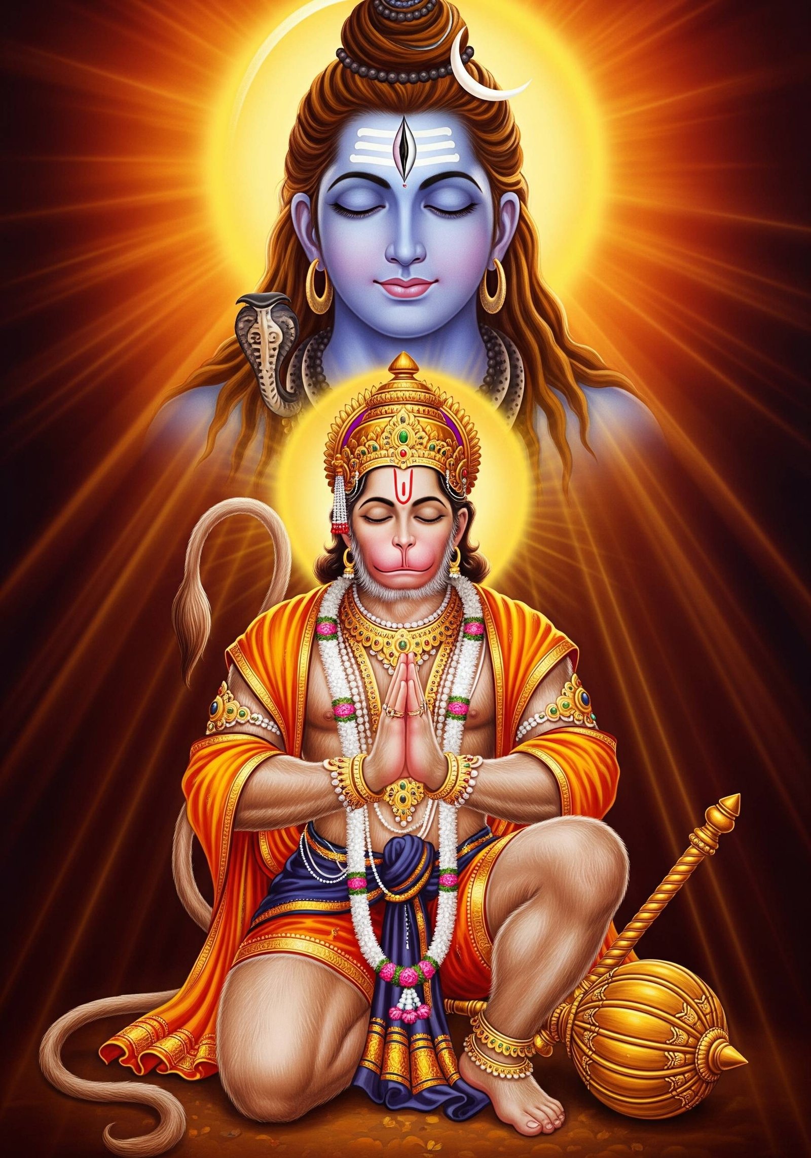 Hanuman in Deep Prayer Under Mahadev’s Blessings