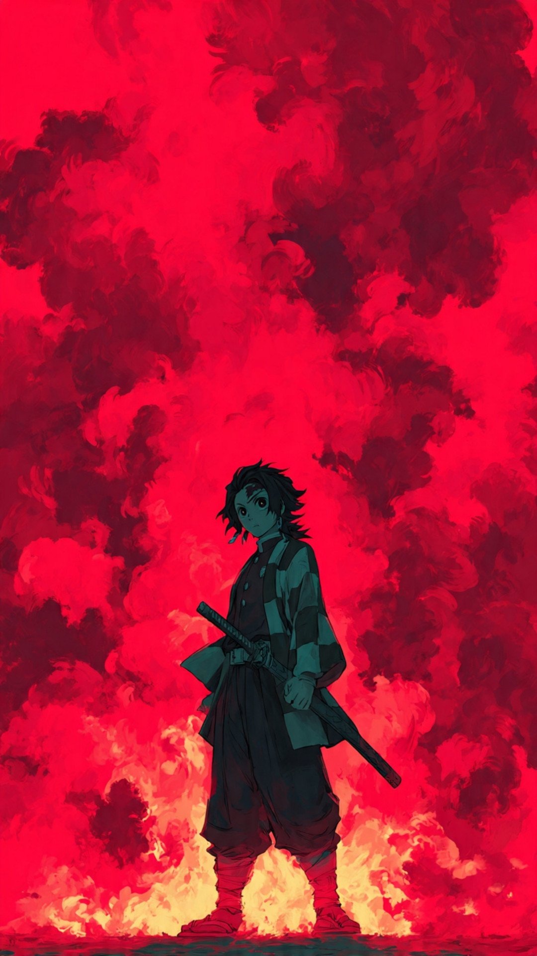 Anime Warrior Standing Against Crimson Fire Sky