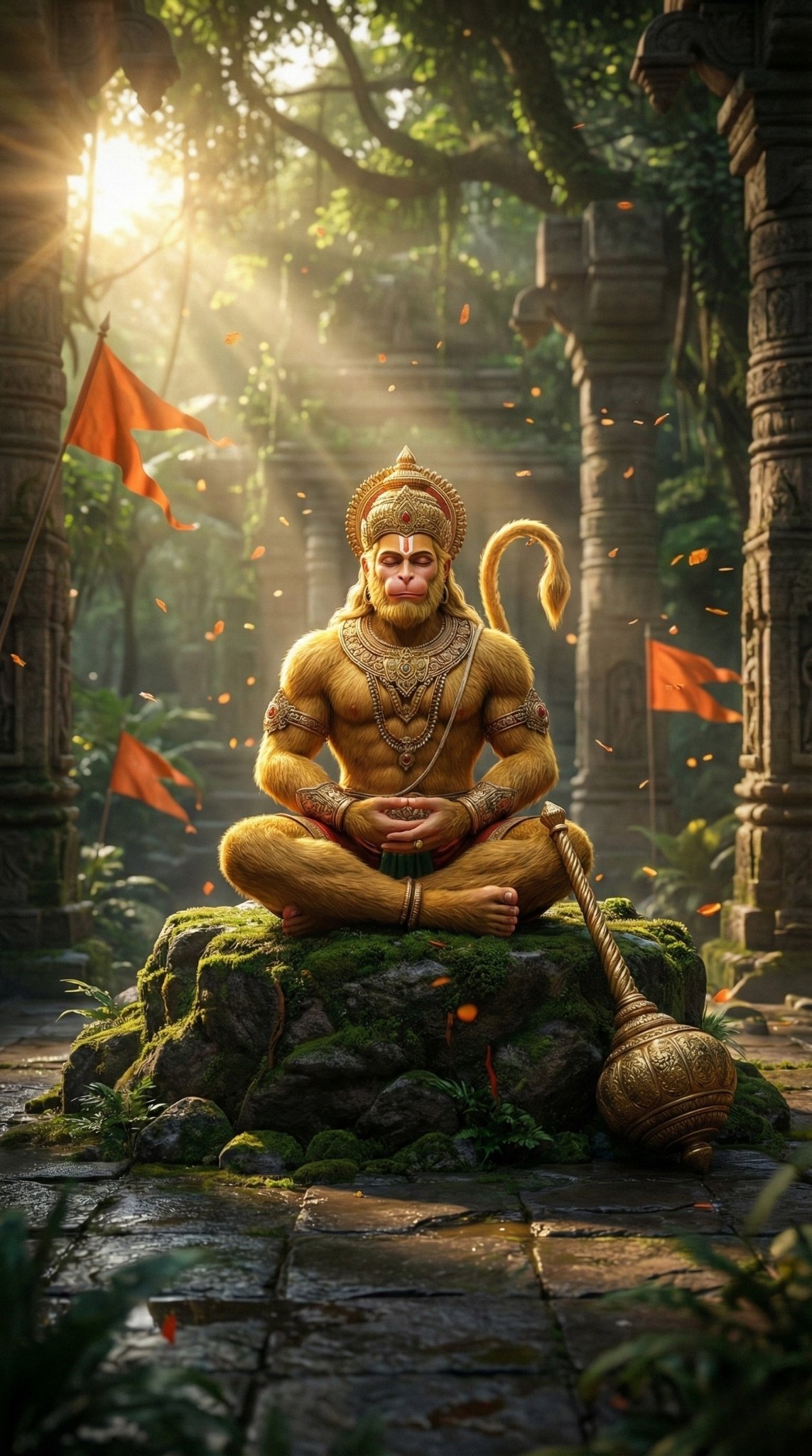 Meditating Lord Hanuman in Ancient Temple Forest