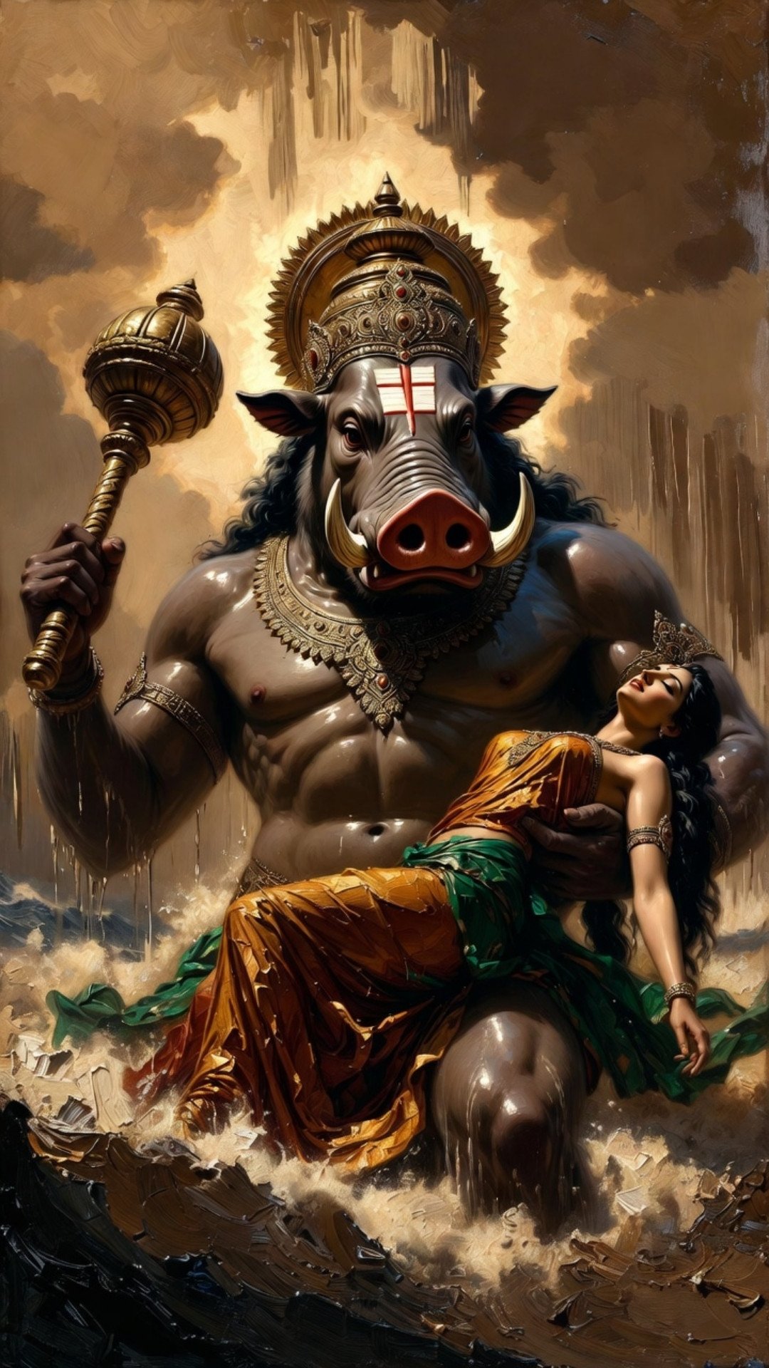 Lord Varaha Avatar Rescuing Bhudevi Divine Artwork