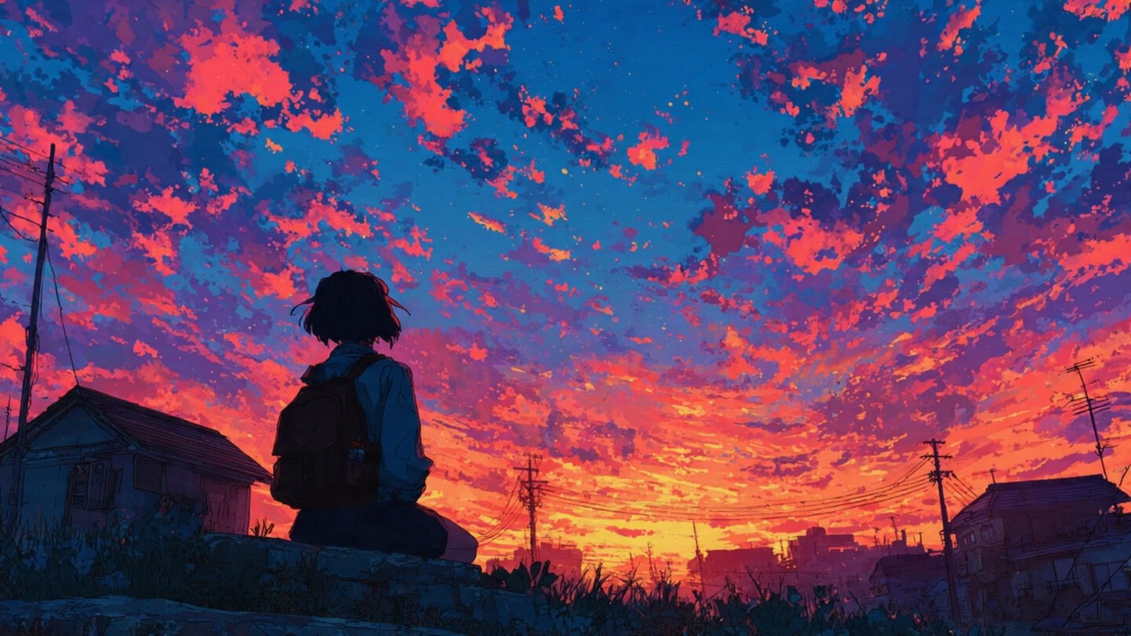 Dreamy Sunset Sky Anime Silhouette