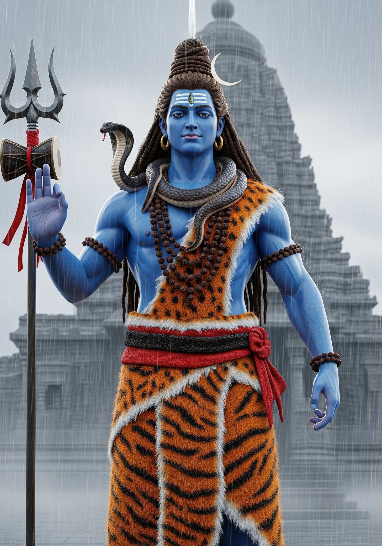 Lord Shiva Standing in Rain with Temple Backdrop