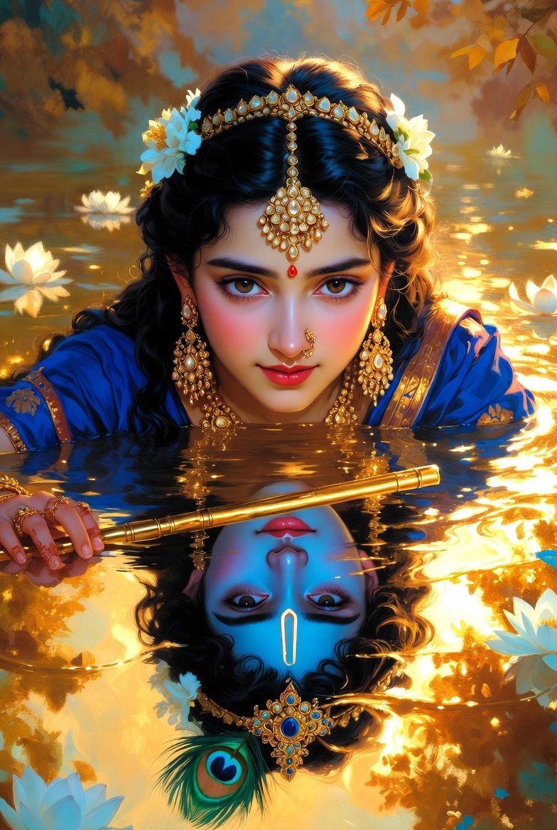 Radha Krishna Reflection in Golden Lotus Lake