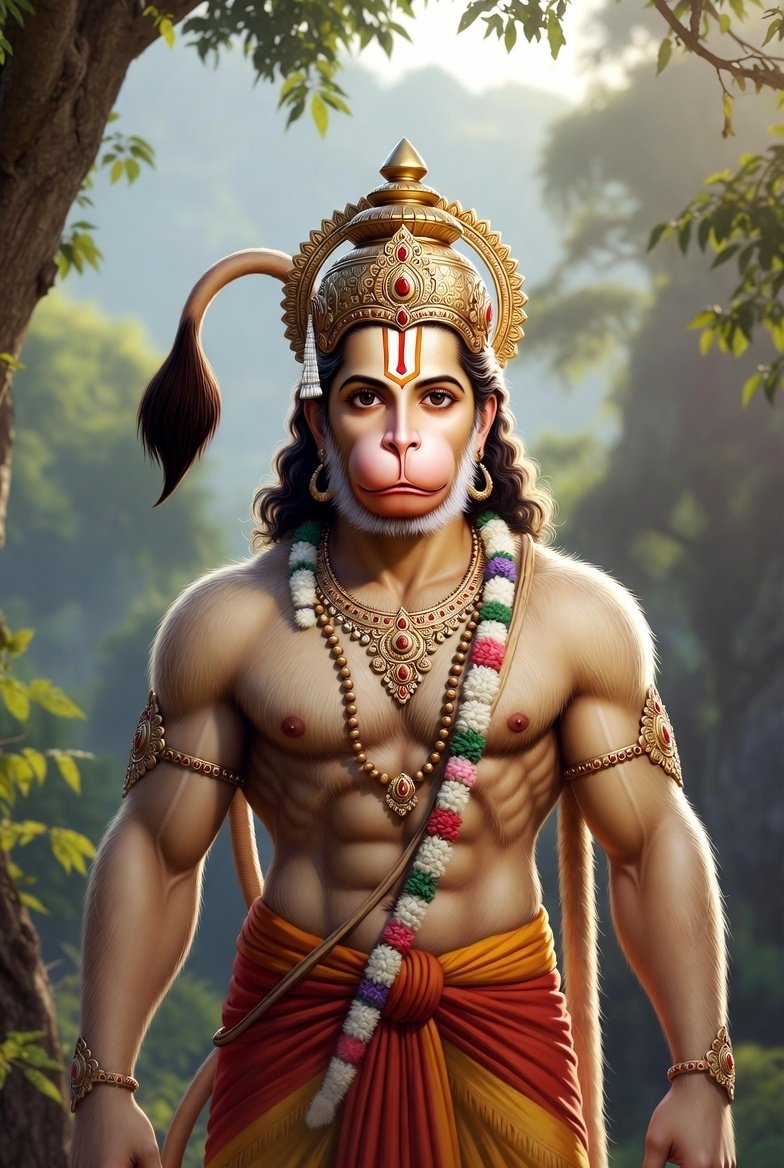 Divine Hanuman Standing in Sacred Forest Light