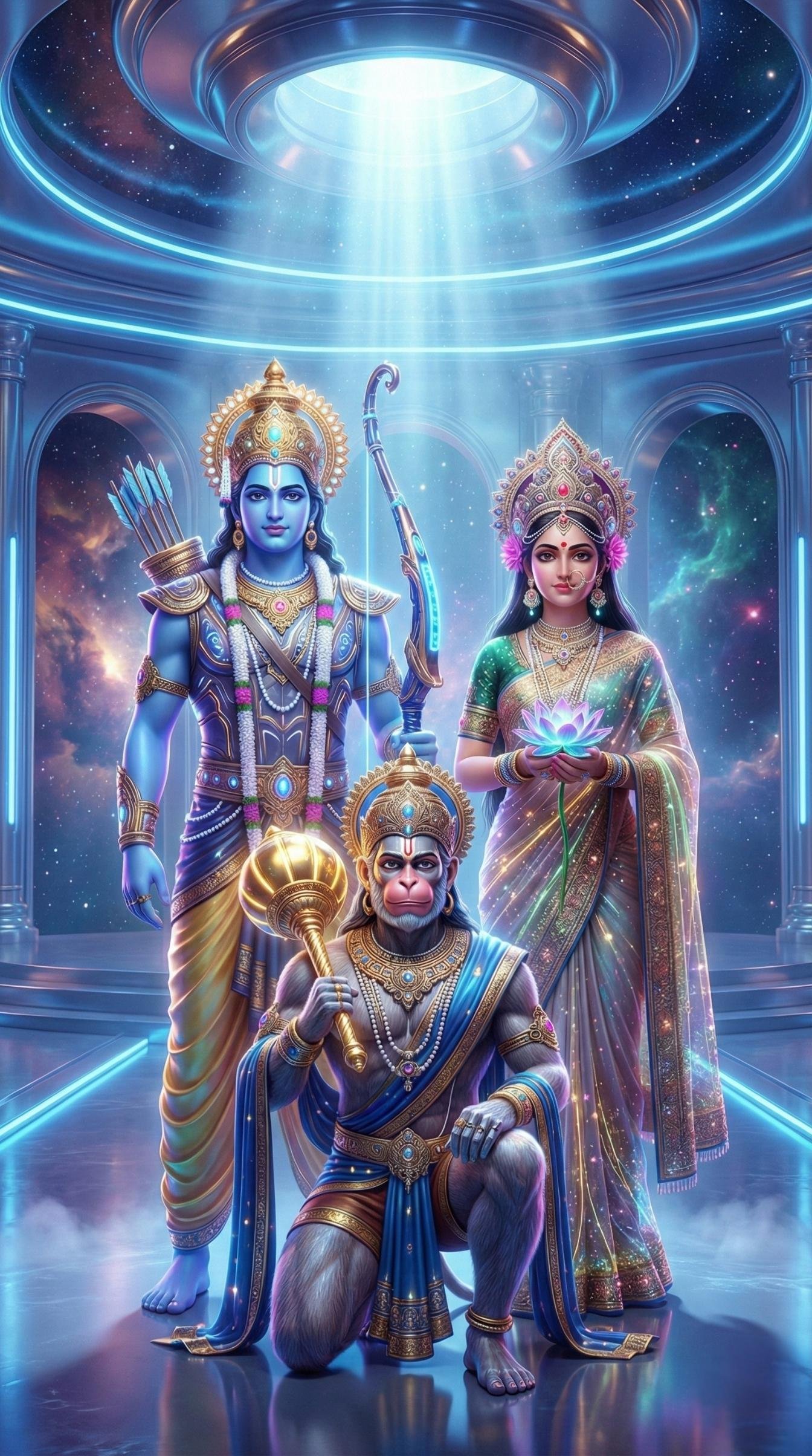 Divine Ram Sita Hanuman in Celestial Temple