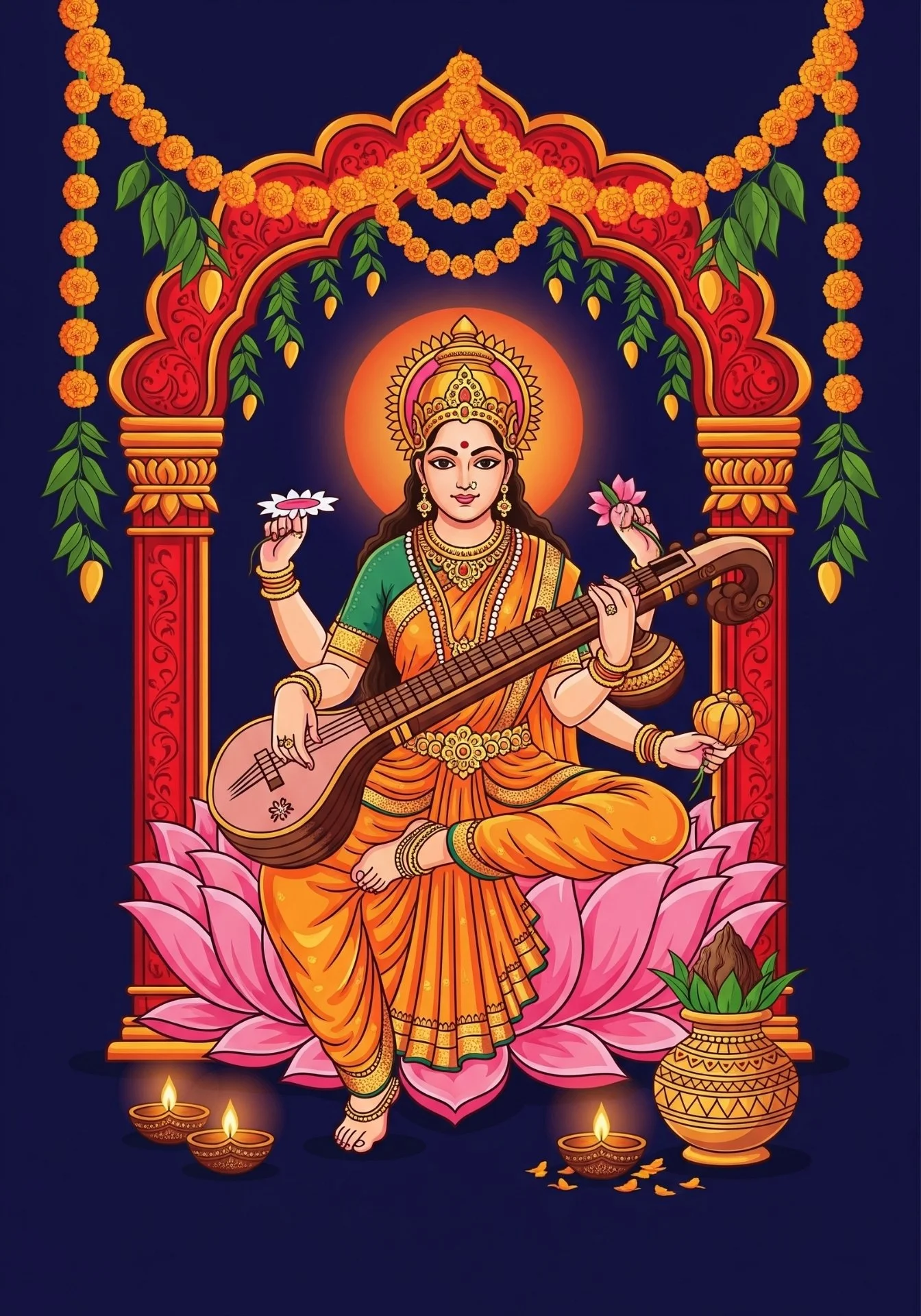 Goddess Saraswati with Veena Temple Art