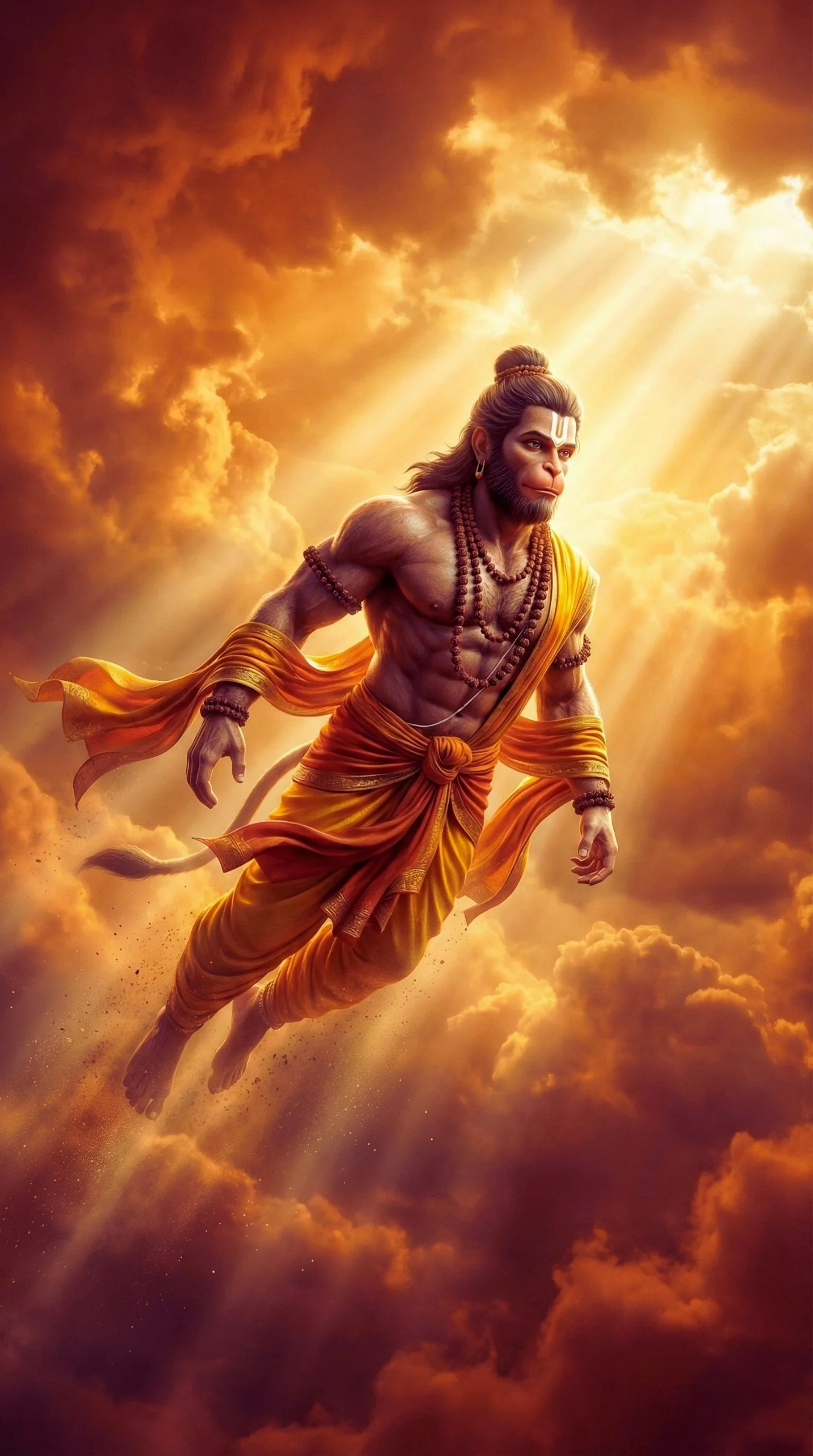 Flying Hanuman in Golden Divine Sky