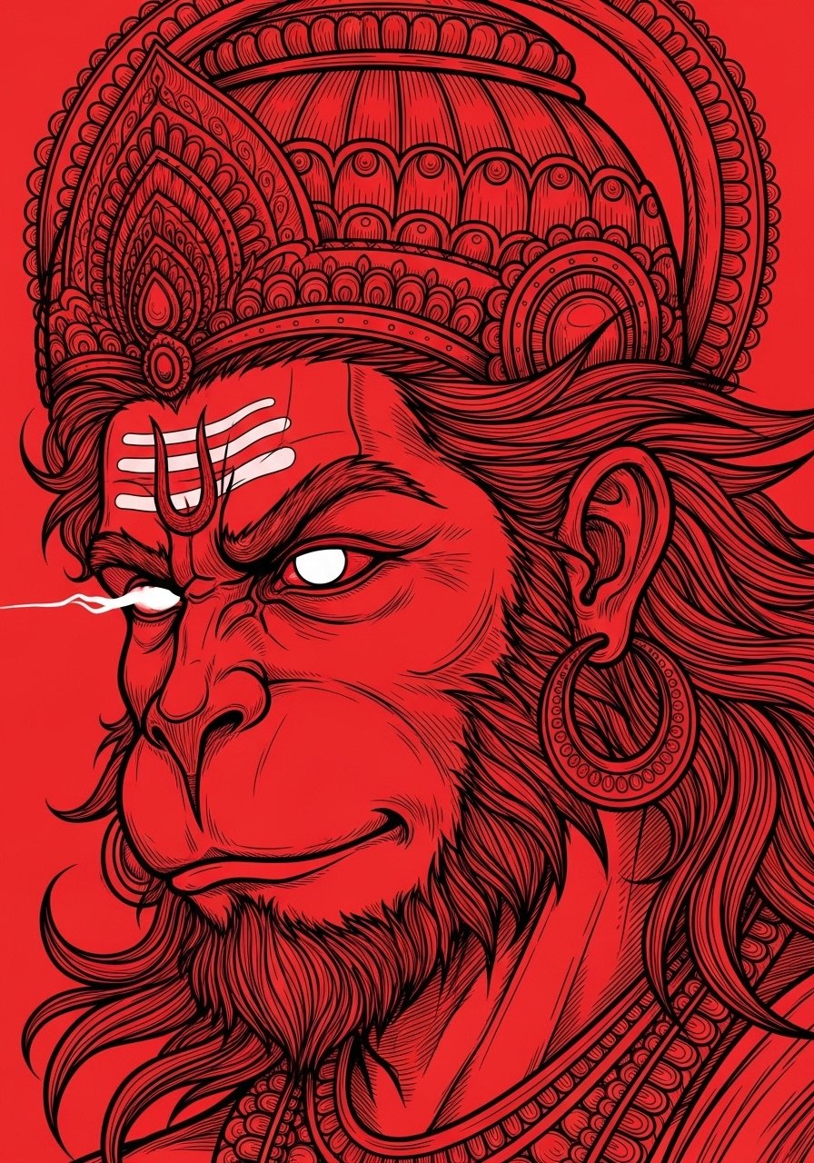 Angry Hanuman Red Line Art Wallpaper
