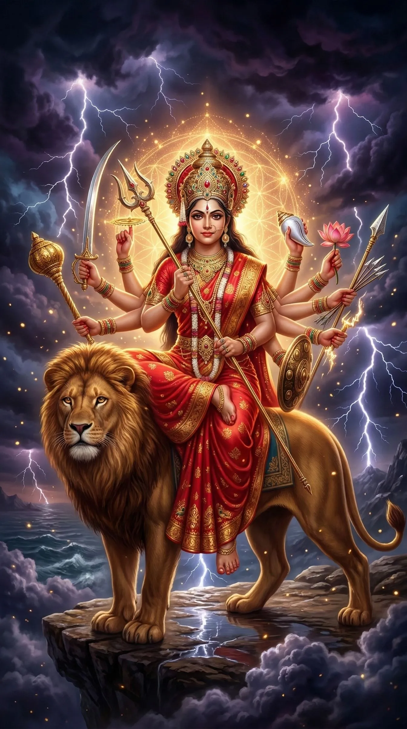 Divine Goddess Durga with Lion Thunder Wallpaper