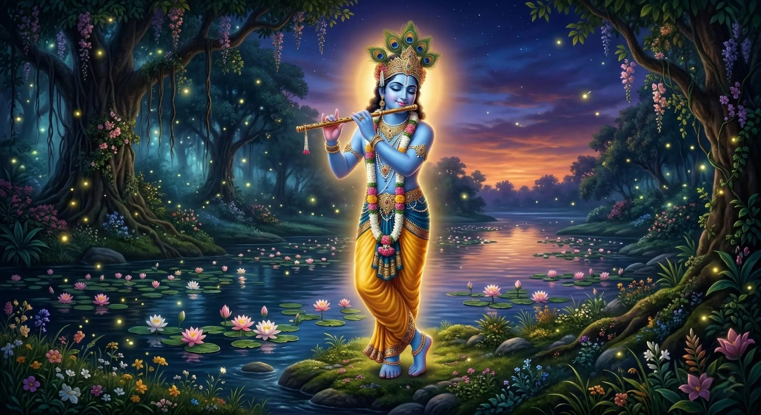Lord Krishna Playing Flute Forest Night Wallpaper